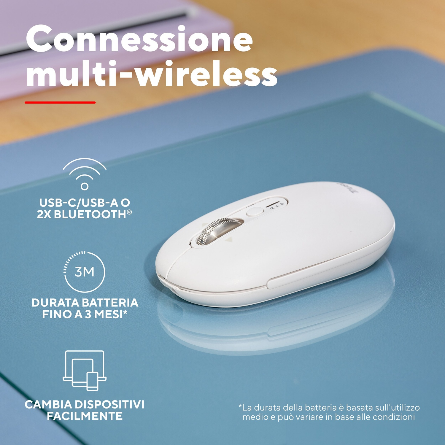 Mouse wireless bianco USB-C/USB-A, 2x Bluetooth, batteria 3 mesi.