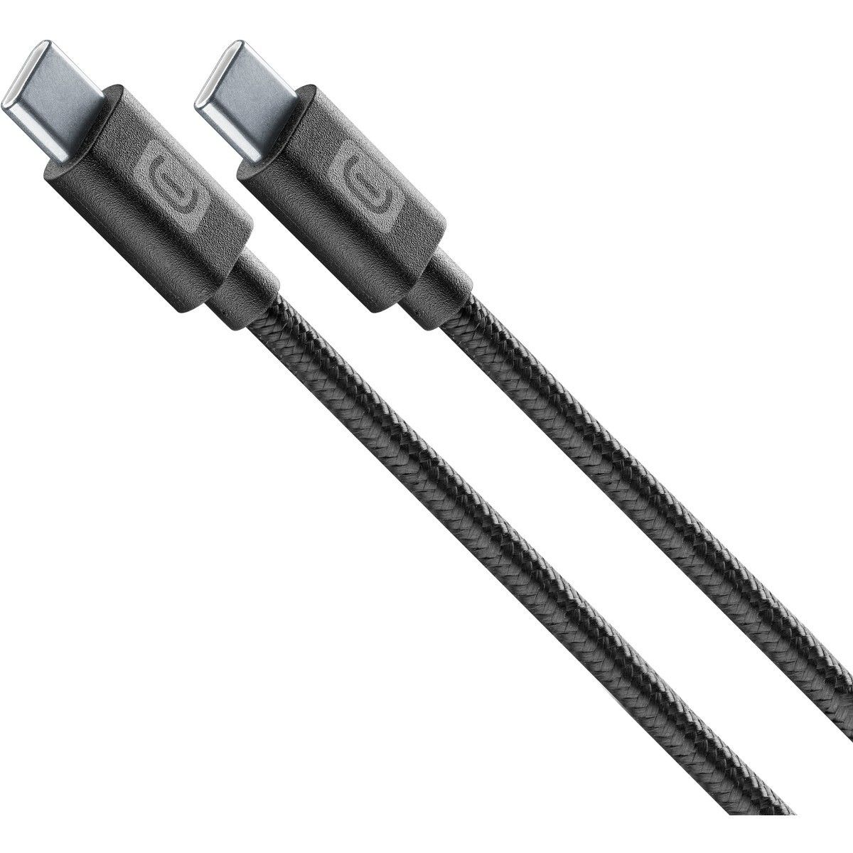 Zwei schwarze USB-C-Kabel mit silbernen Anschlüssen auf weißem Hintergrund.
