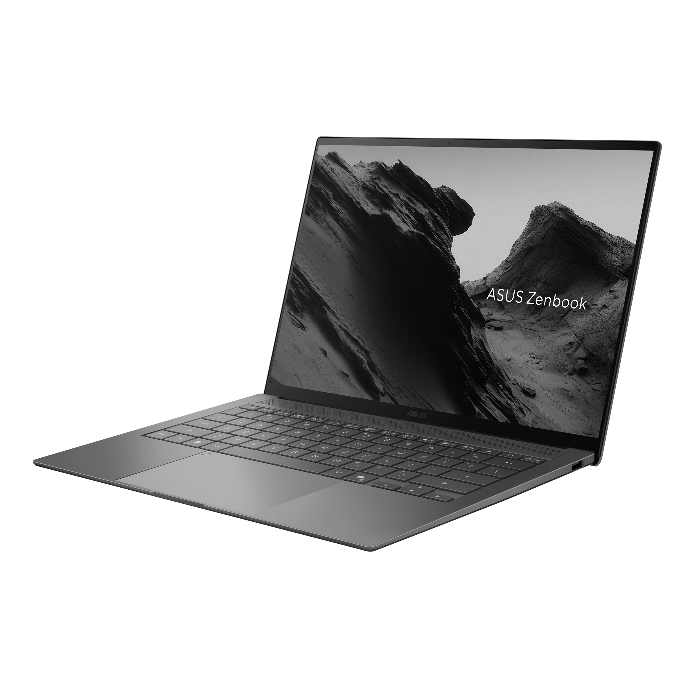 Gri ASUS Zenbook dizüstü bilgisayar, aydınlatmalı klavye ve ekranda dağ manzarası.