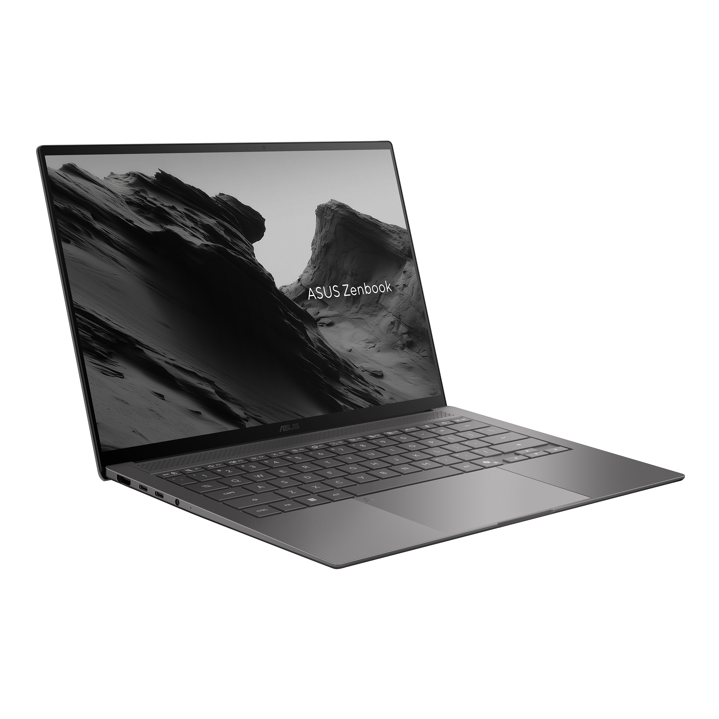 Gri klavyeli ve koyu arka planlı açık bir ASUS Zenbook dizüstü bilgisayar.