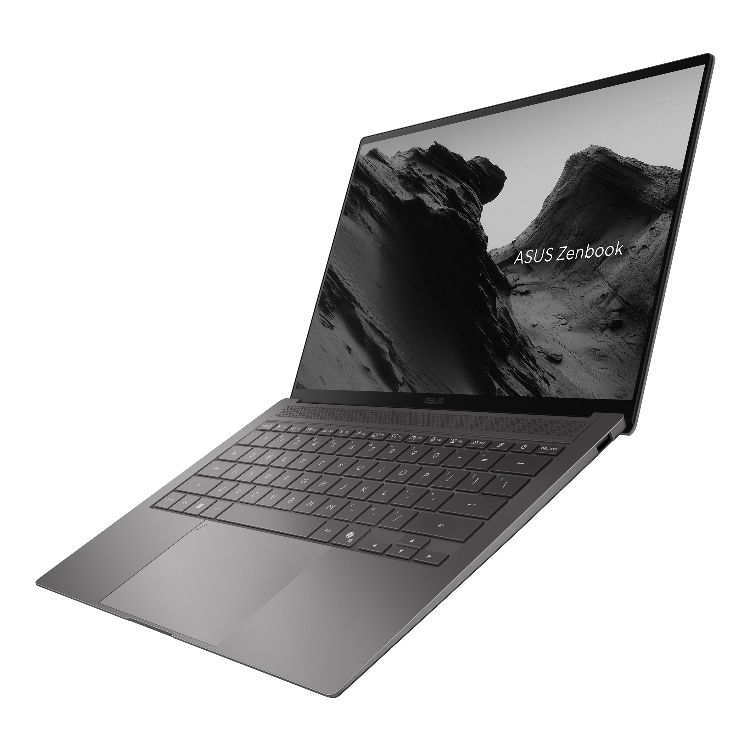 Gri Asus Zenbook dizüstü bilgisayar, arkadan aydınlatmalı klavye ve dağ duvar kağıdı.