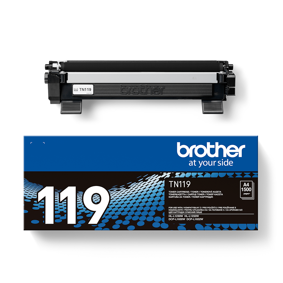 Brother TN119 tonerkazetta fekete és ezüst díszítéssel.