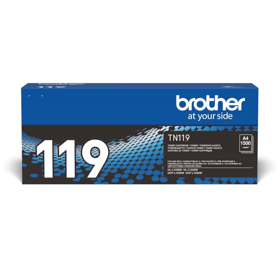 Brother TN119 tonerkazetta, A4, 1500 oldal, kék-fekete dizájn.