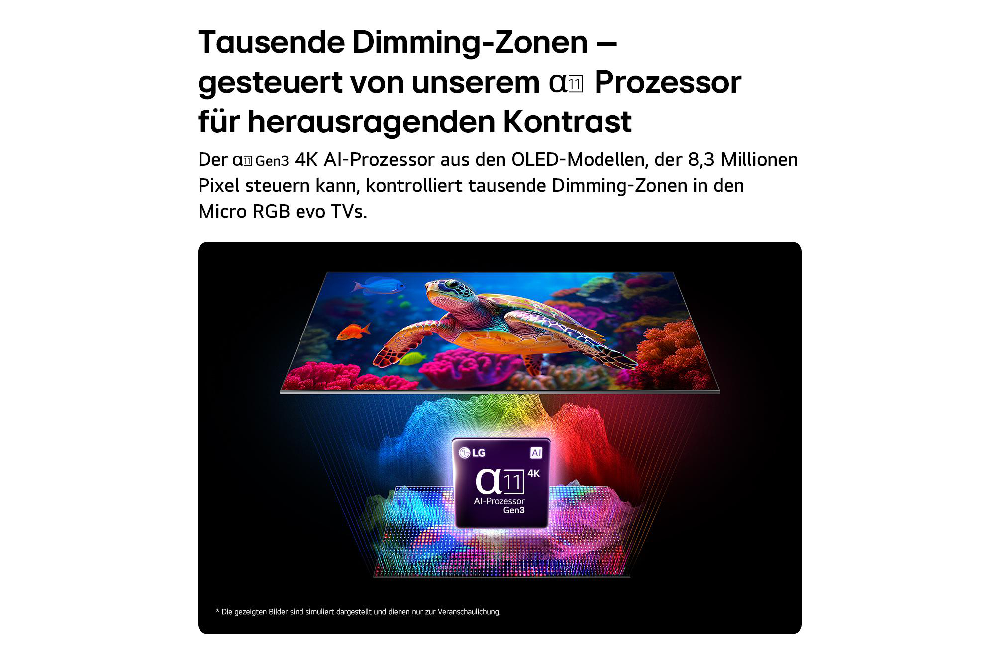 Ein TV-Bildschirm zeigt eine Meeresschildkröte mit Fischen in Korallen. Darunter ist ein Prozessor-Chip abgebildet.