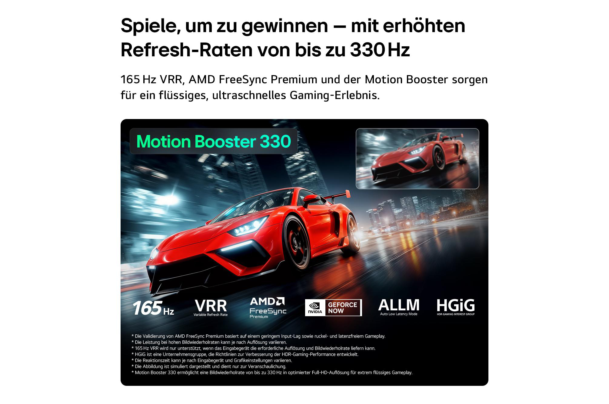 Roter Sportwagen mit "Motion Booster 330" und Gaming-Features auf dem Bildschirm.