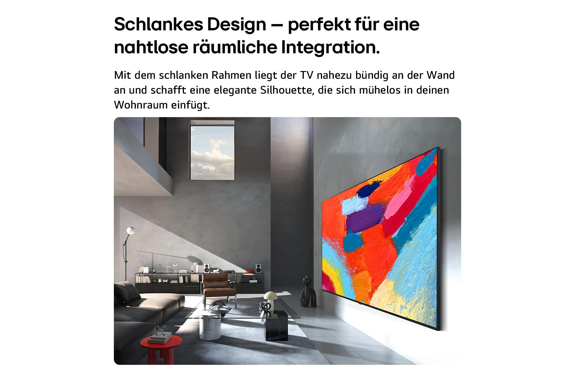 Ein moderner Wohnraum mit einem schlanken TV, der ein abstraktes Gemälde zeigt.