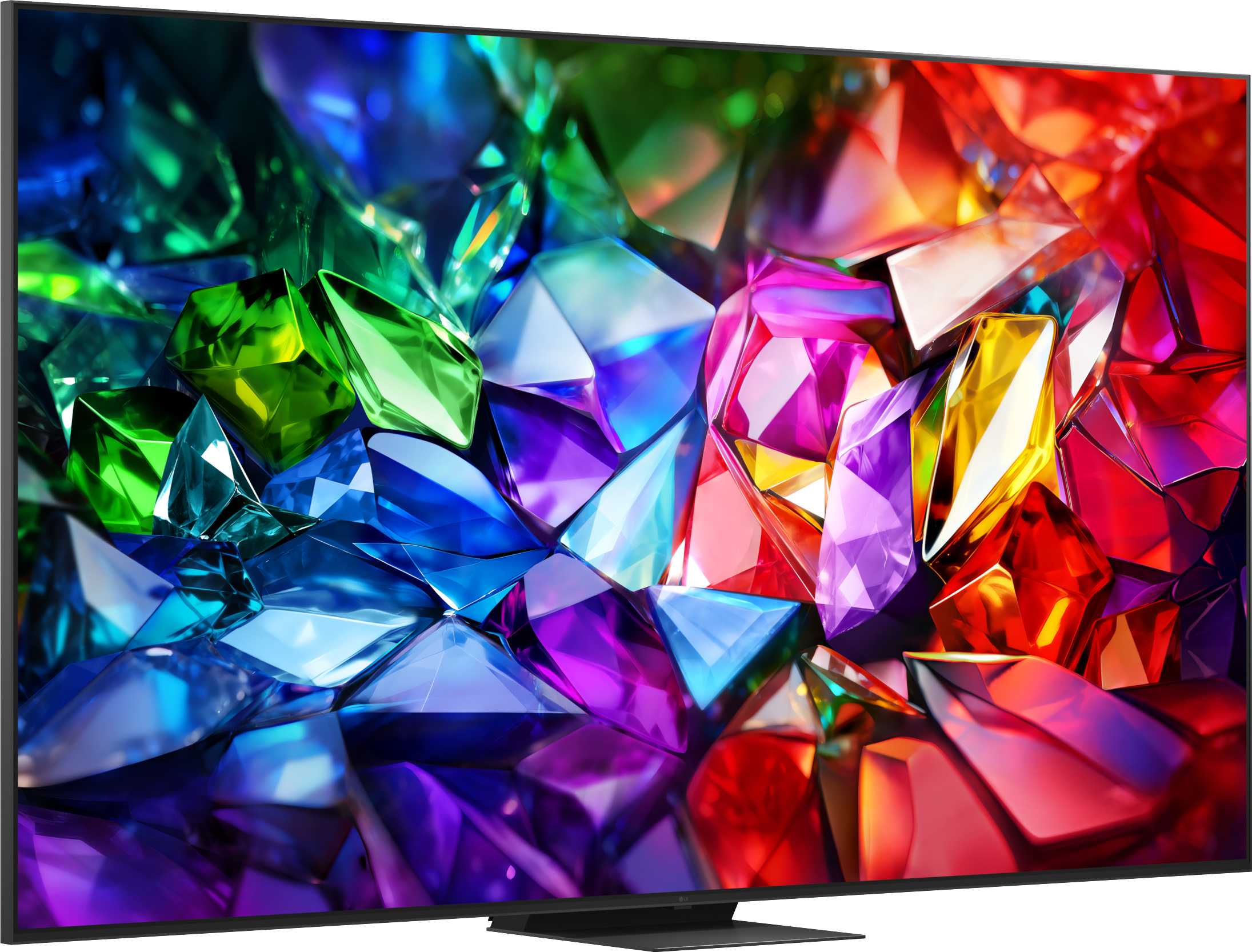 Ein Fernseher zeigt ein Kaleidoskop aus bunten Edelsteinen in Grün, Blau, Lila und Rot.