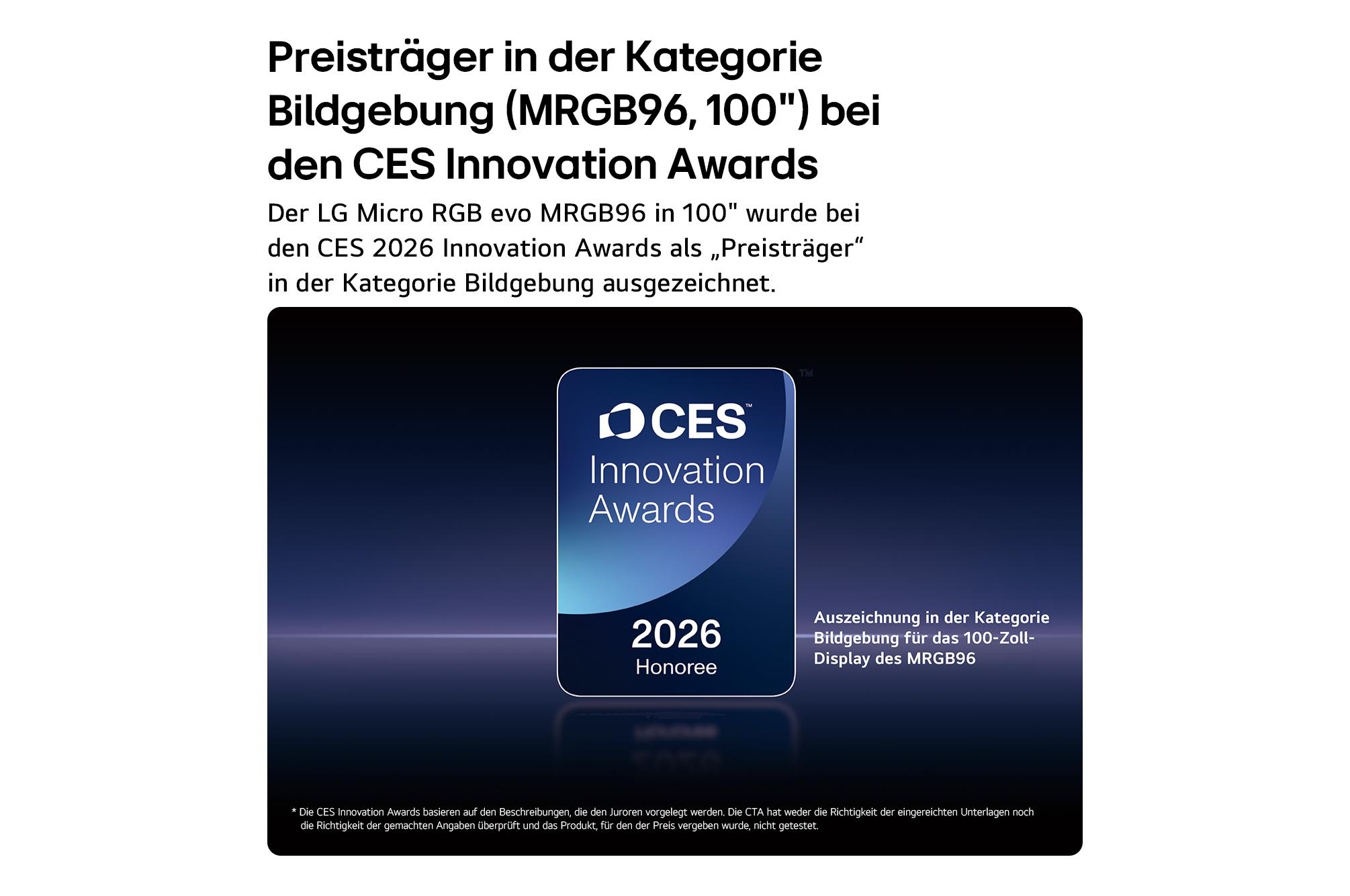 CES 2026 Innovation Award für LG 100-Zoll MRGB96 Display in Bildgebung.