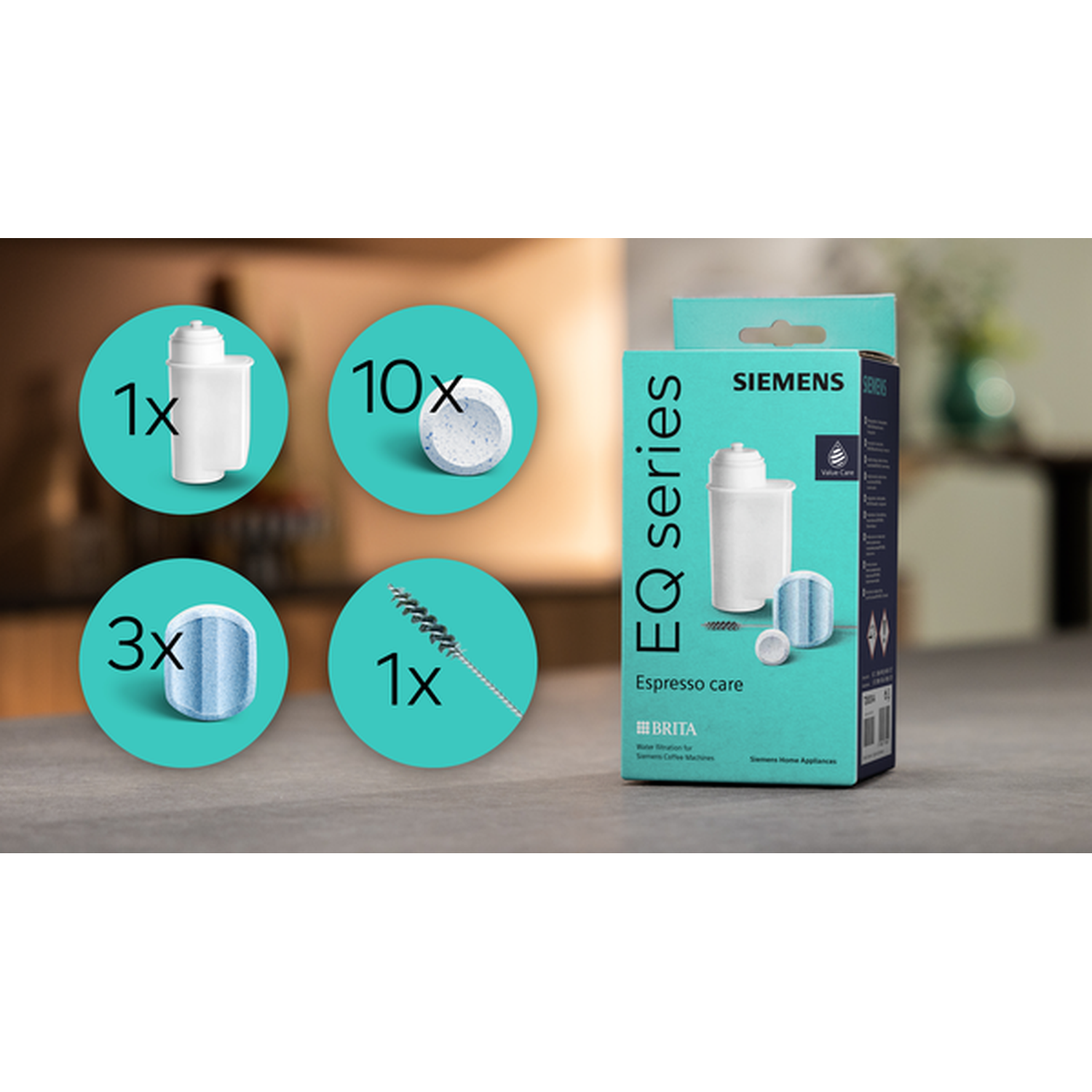 Siemens EQ Series espresso care set with water filter, descaling tablets, and brush.