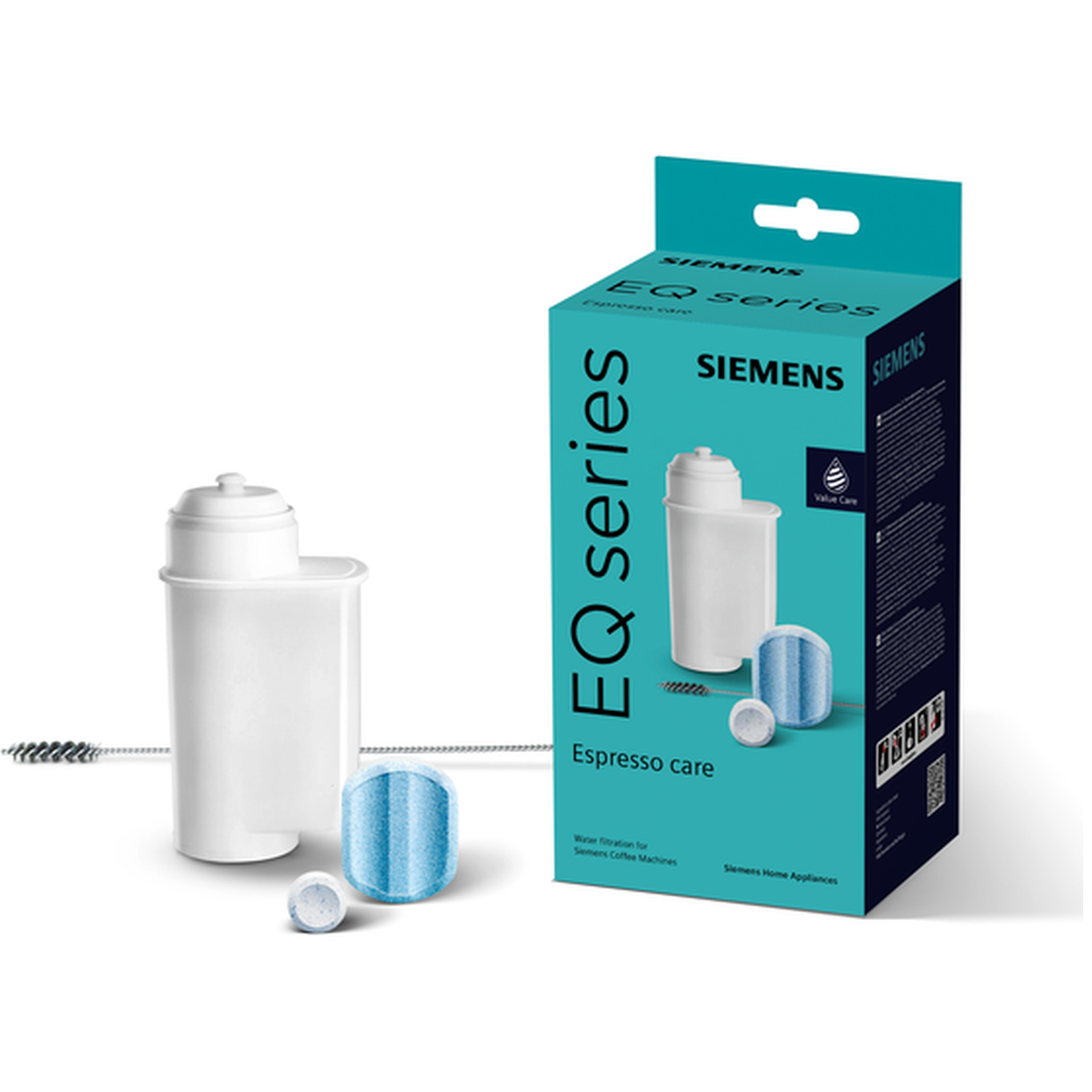 Siemens EQ Series espresso machine water filter with accessories on white.
