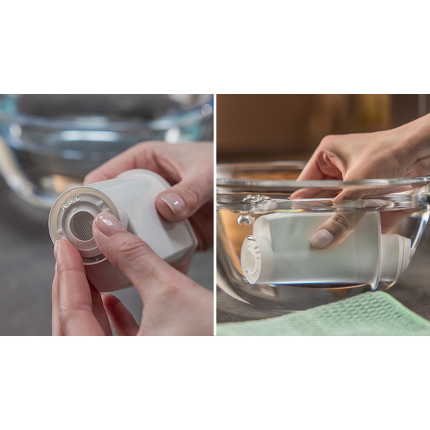 Hands preparing water filter in bowl: one shows filter, other submerges it.
