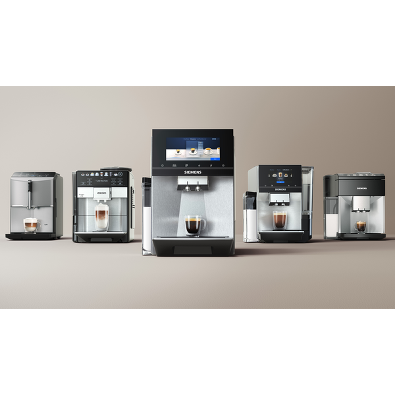 Five automatic coffee machines in different designs and colors stand side by side.