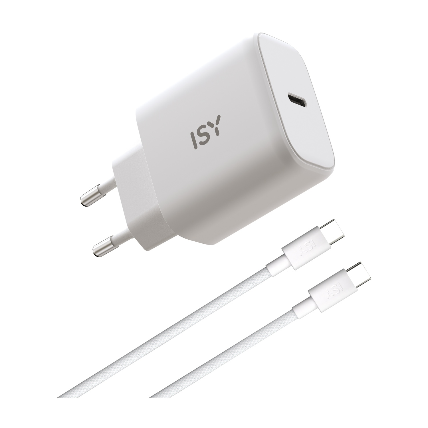 Un alimentatore ISY bianco con due cavi USB-C bianchi.