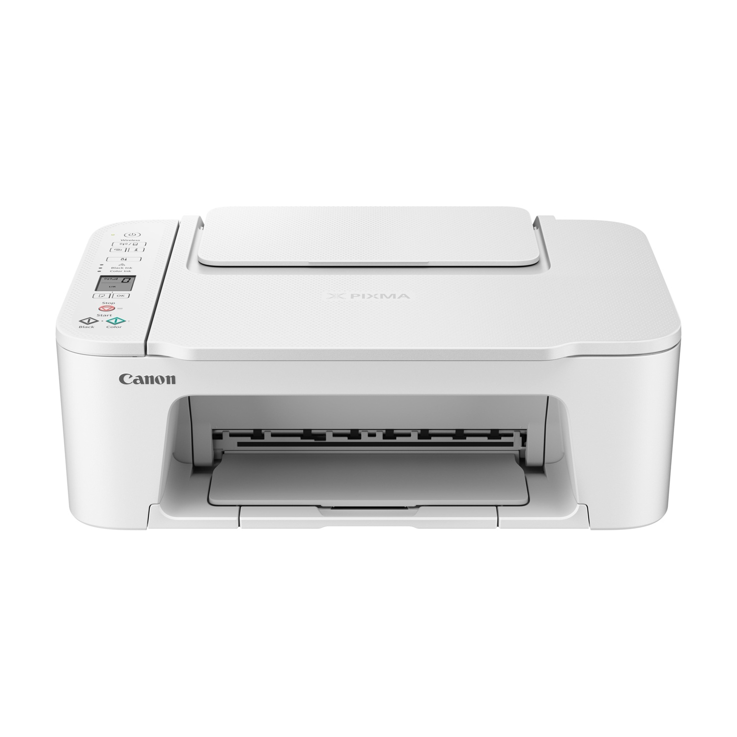 Una stampante Canon Pixma bianca su sfondo bianco. Il coperchio superiore è aperto.