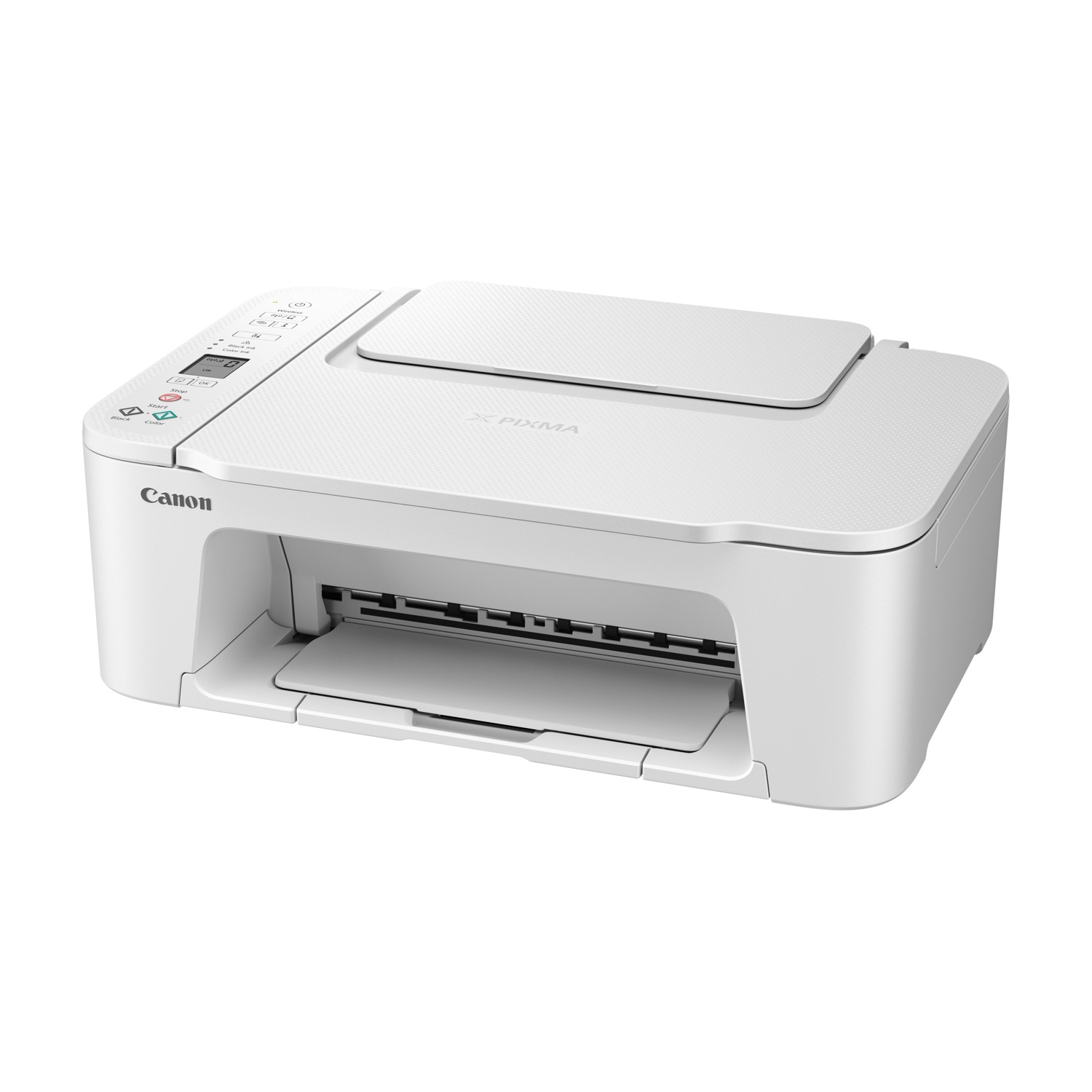 Una stampante Canon Pixma bianca è mostrata su sfondo bianco.