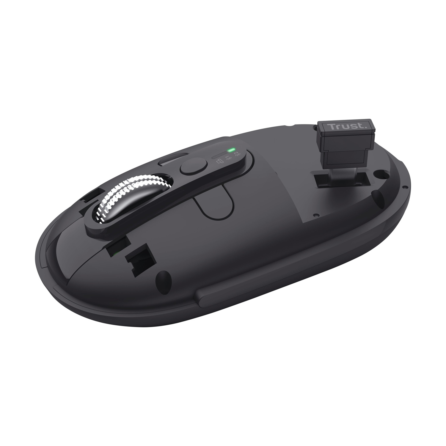 Mouse wireless Trust nero con ricevitore USB e rotellina di scorrimento, su sfondo bianco.