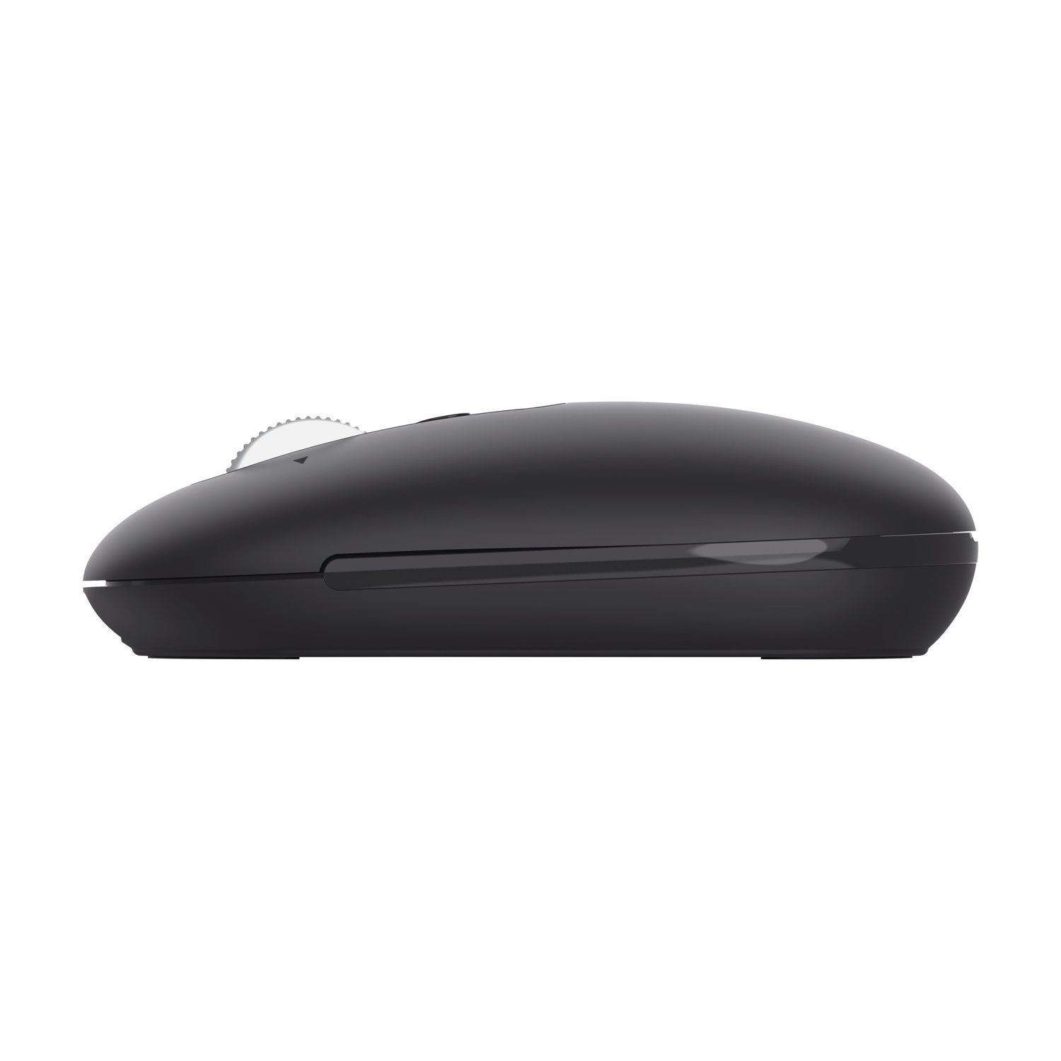 Mouse per computer nero con rotella di scorrimento argentata, visto di lato.