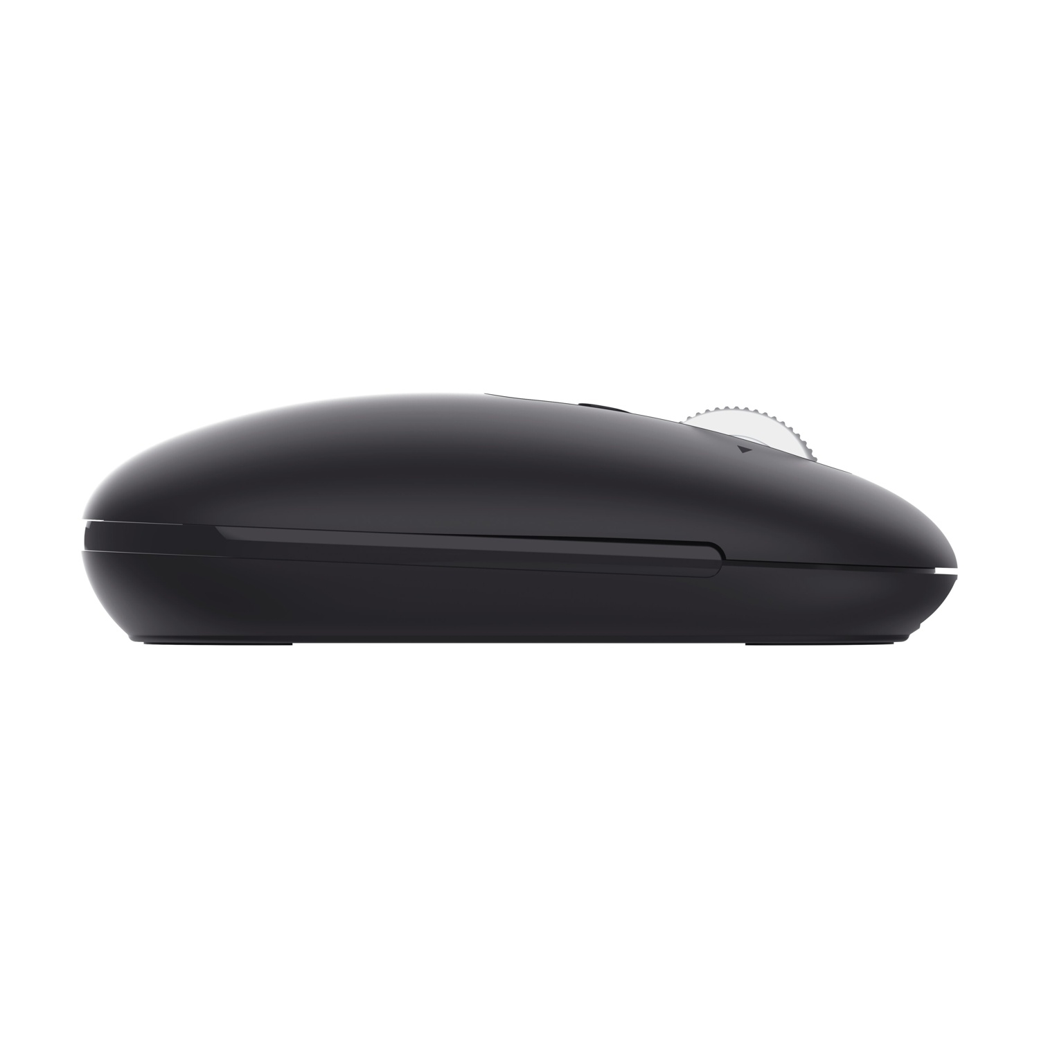 Mouse per computer nero con rotellina di scorrimento argentata, vista laterale.