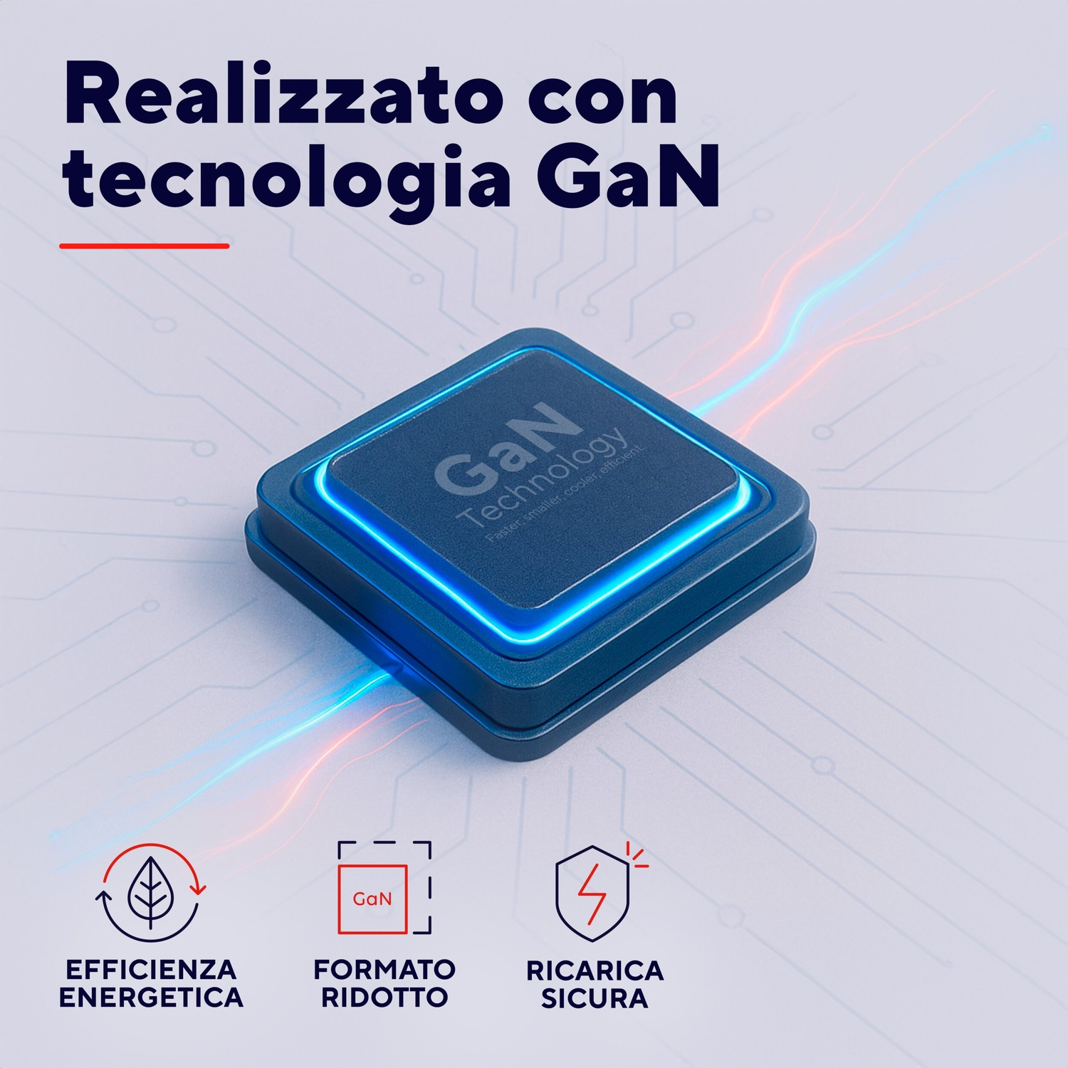 Un chip GaN con luci blu. Icone per efficienza energetica, dimensioni compatte e ricarica sicura.