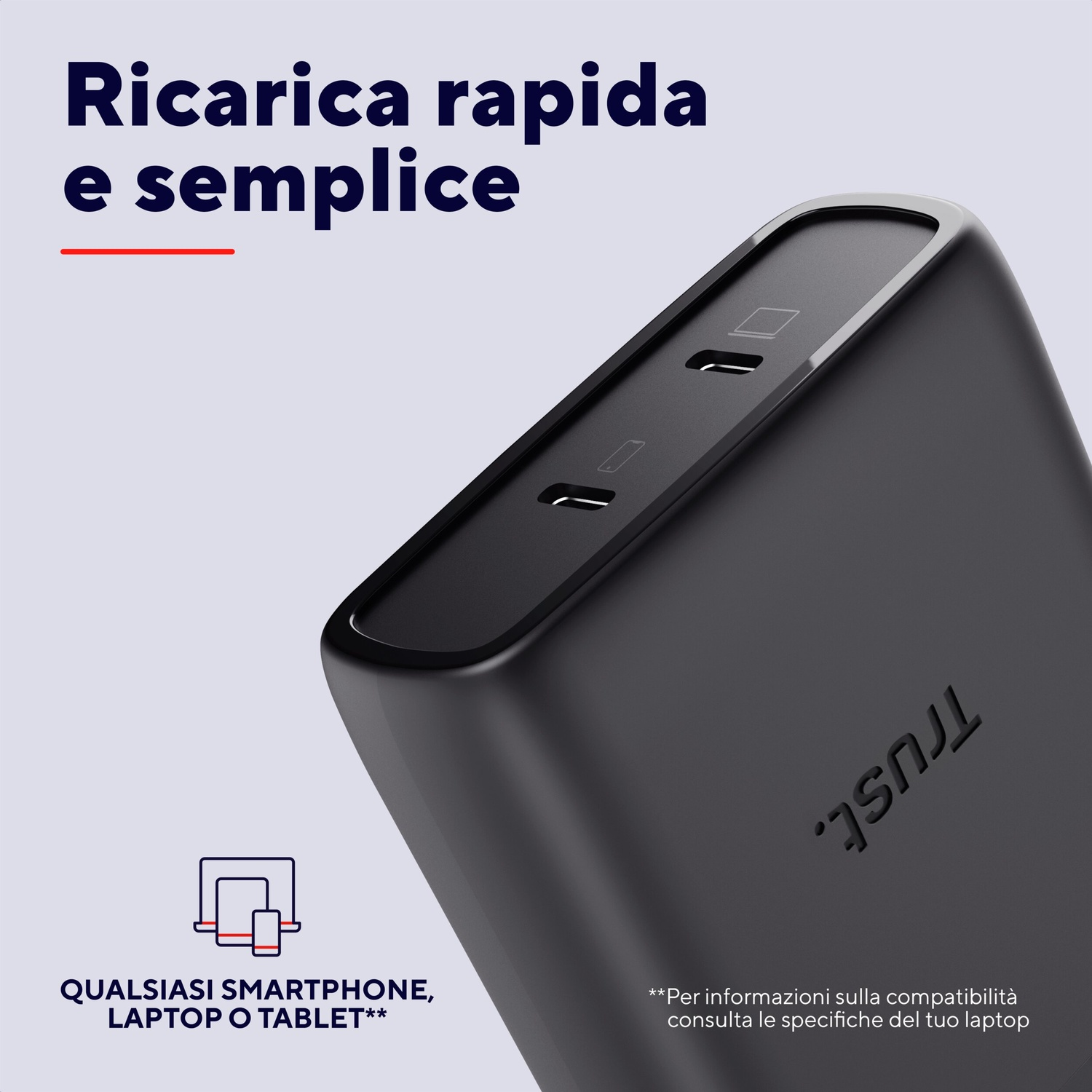 Caricatore nero con porte USB-C e logo 'Trust'.
