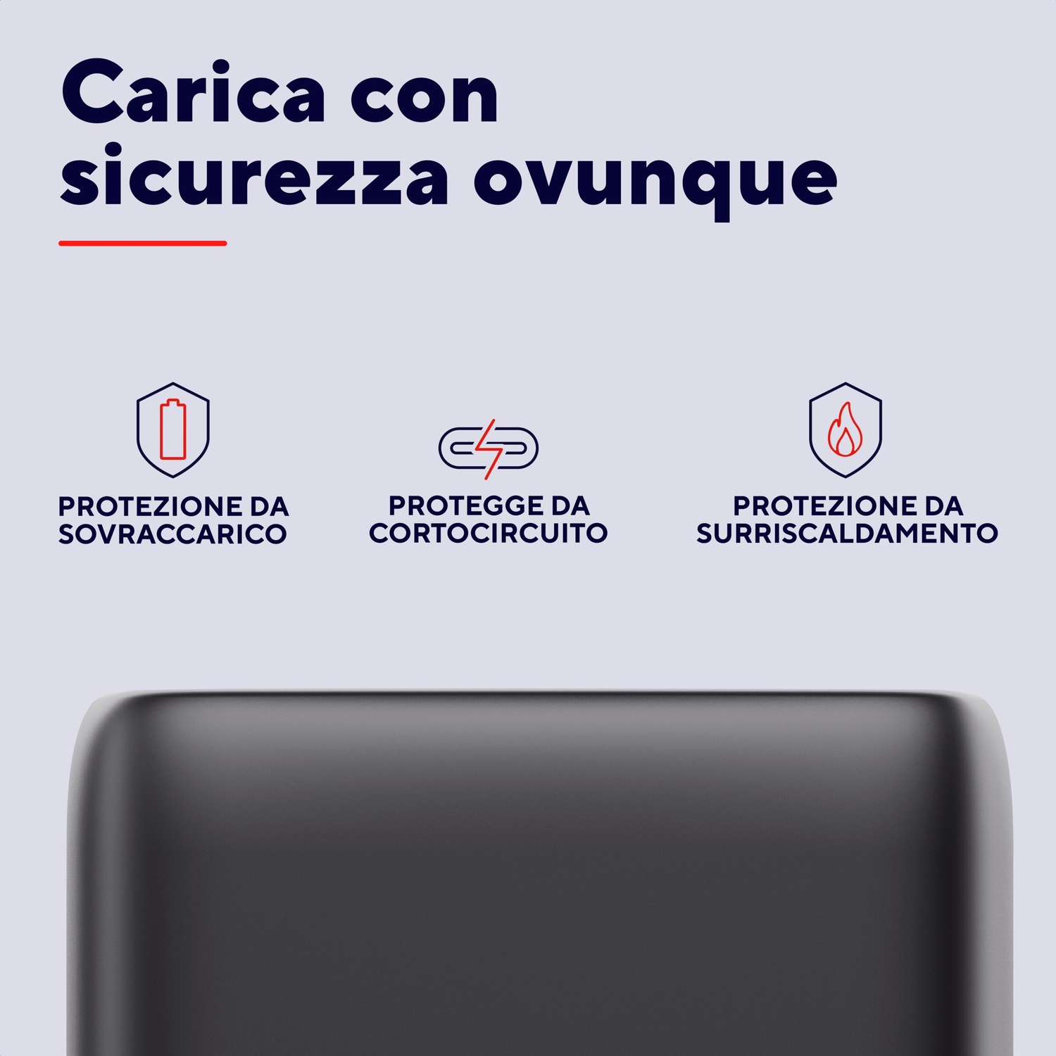 Testo con icone di protezione batteria, cortocircuito e surriscaldamento.