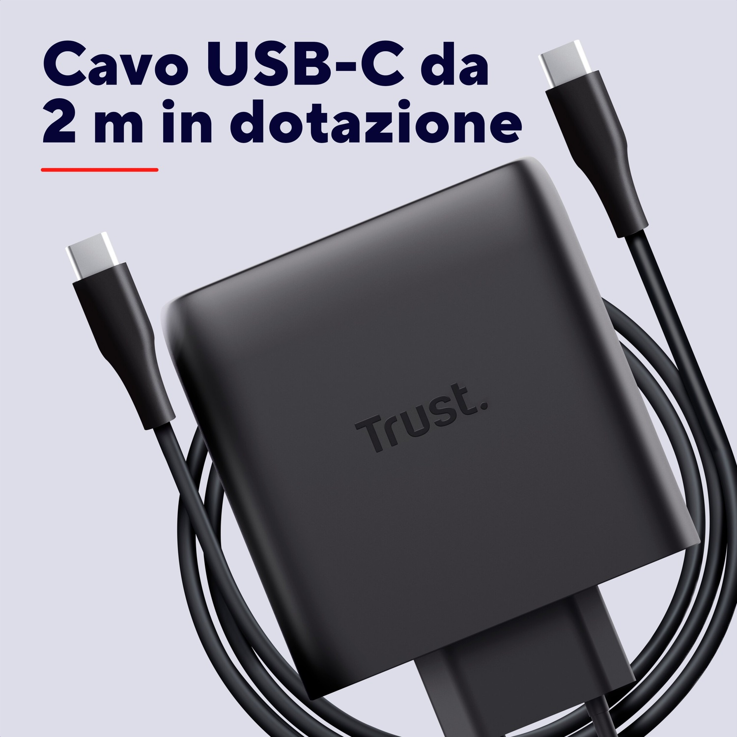 Caricatore USB-C nero con cavo da 2m e spina. Logo 'Trust' visibile.