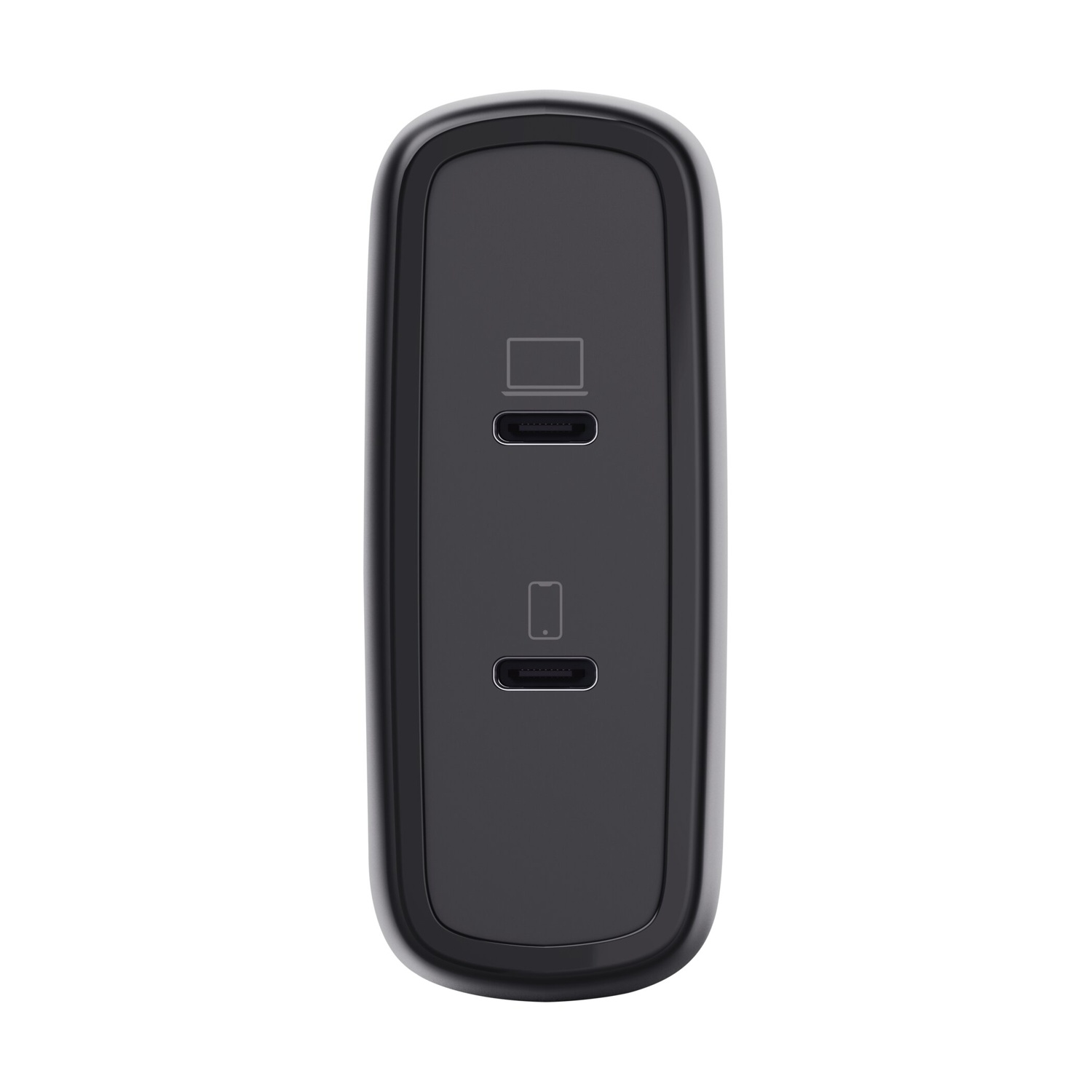 Adattatore USB-C nero con icone di laptop e telefono.