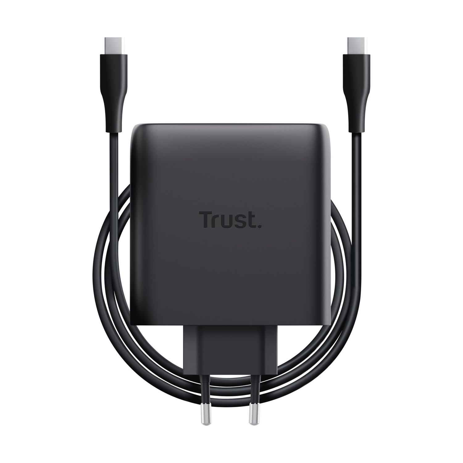 Un alimentatore Trust nero con cavo USB-C e due pin.