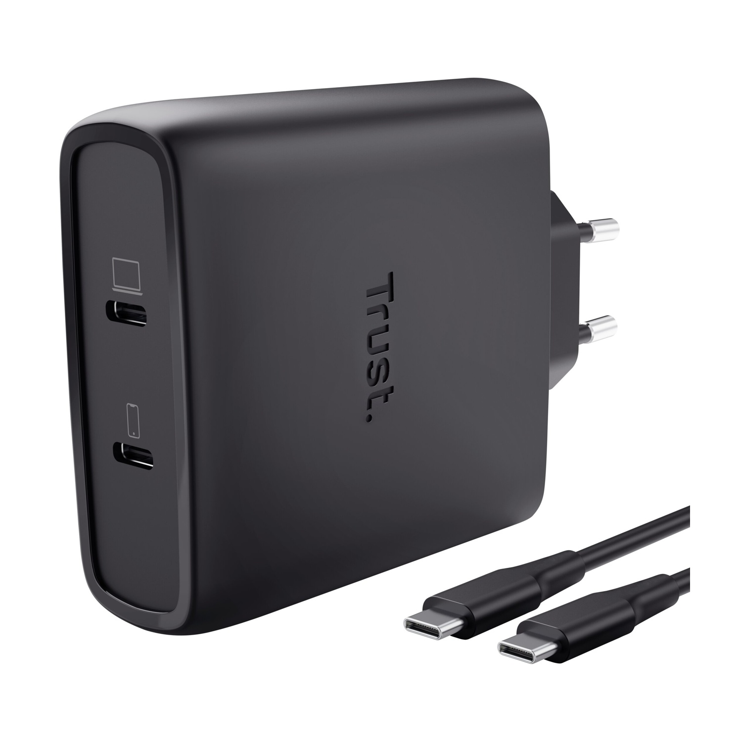 Caricatore USB-C nero a doppia porta con due cavi.