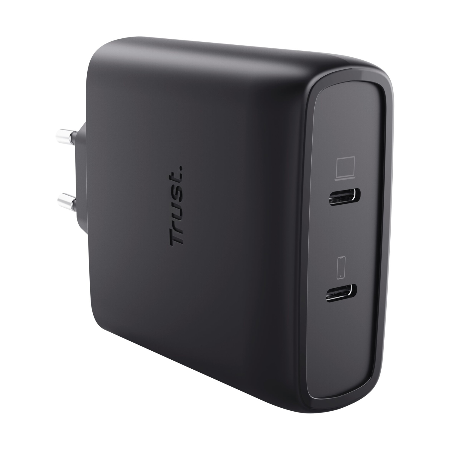 Caricatore USB-C nero con due porte e due spinotti.