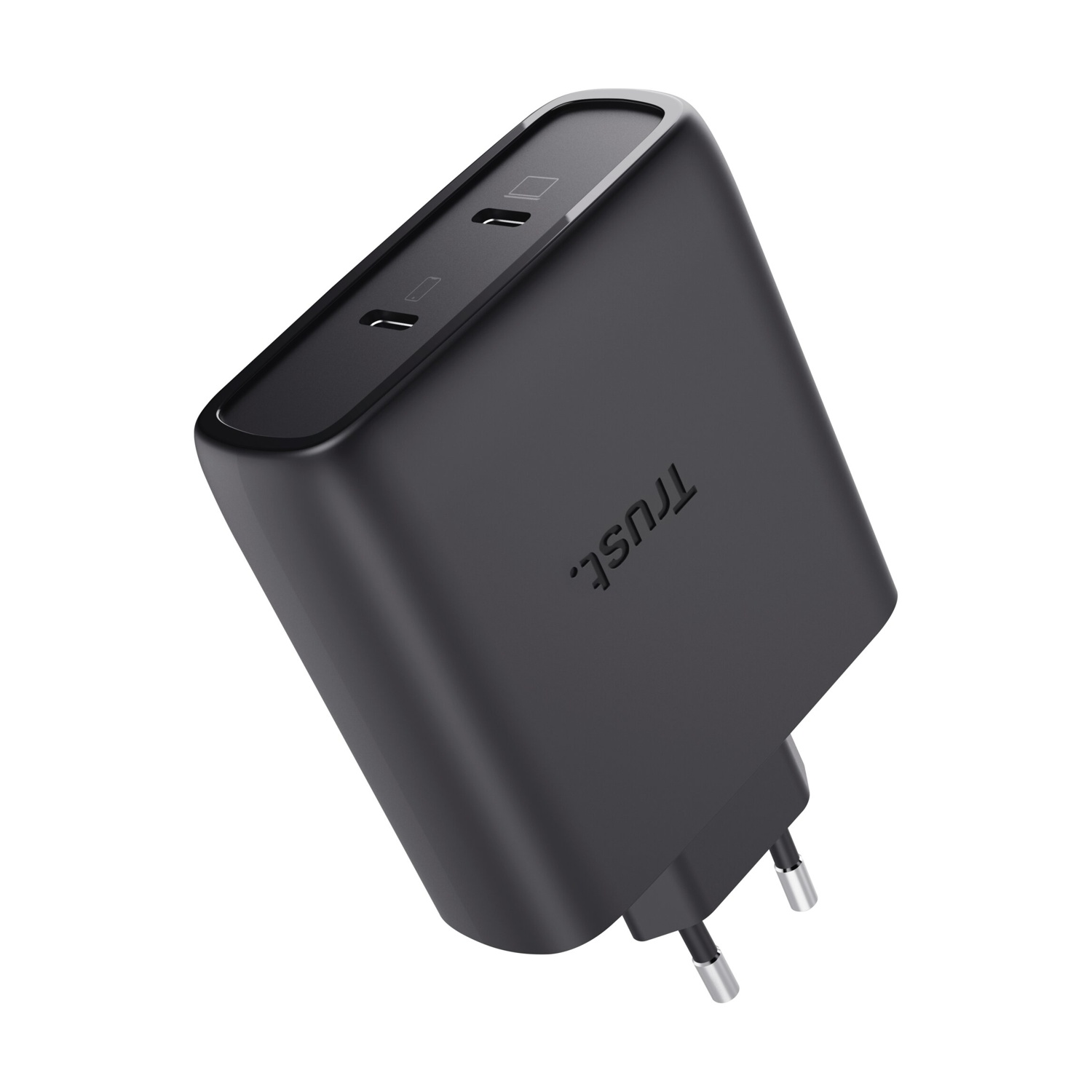 Adattatore di corrente USB-C nero con due porte e spina UE.