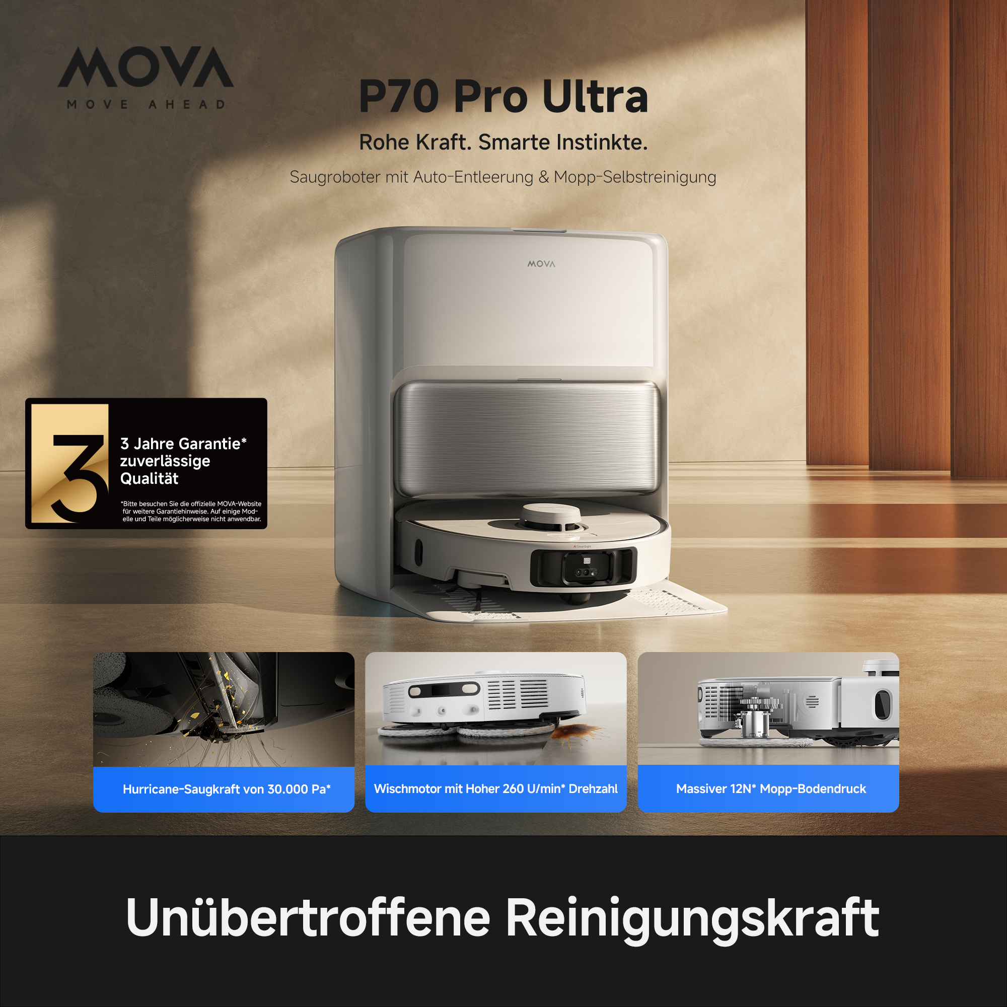 Ein weißer MOVA Saugroboter mit Ladestation, Garantie-Logo und drei Detailbildern.