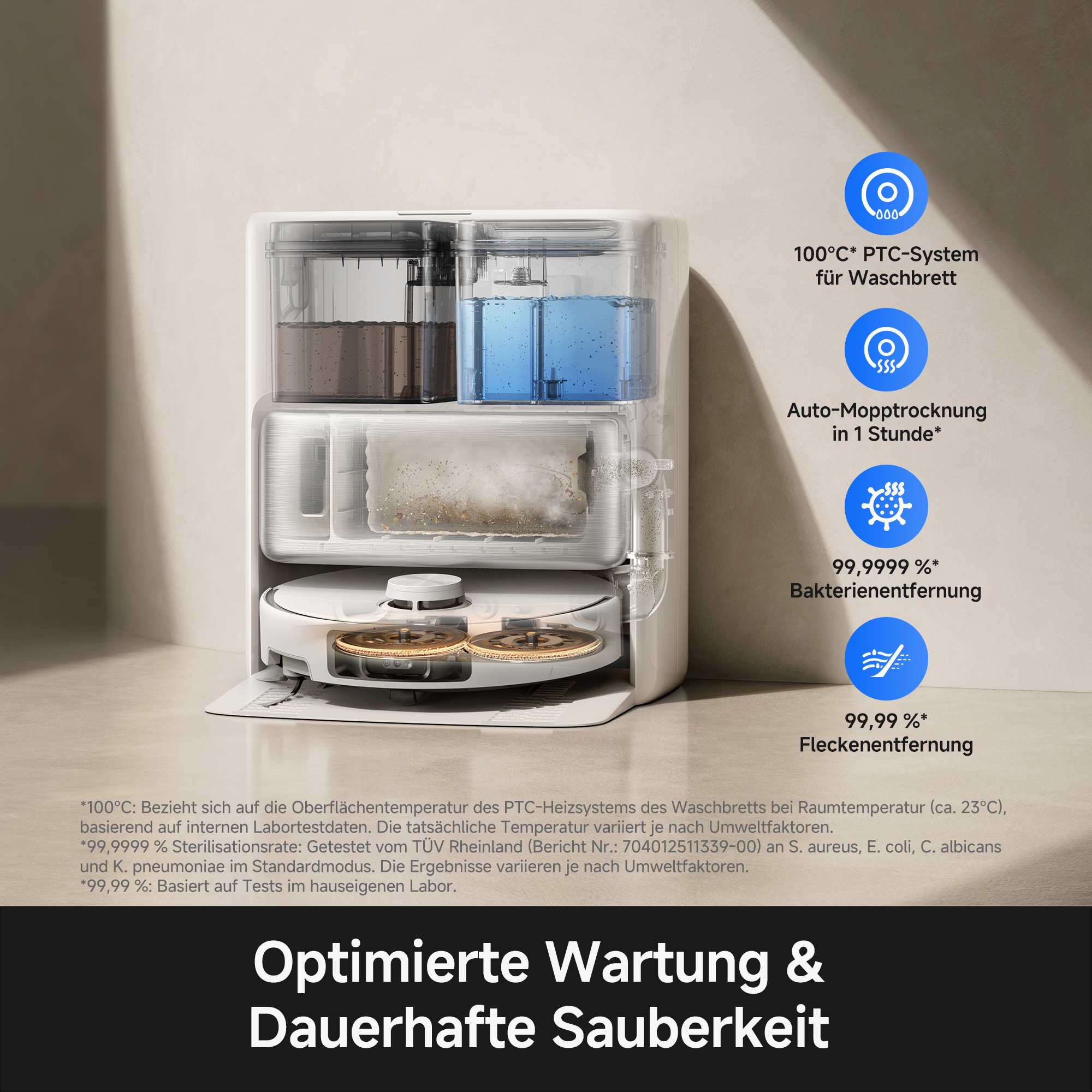 Ein Saugroboter mit Station, die Wasser und Schmutz sammelt. Mit Icons für 100°C, Trocknung & Sterilisation.