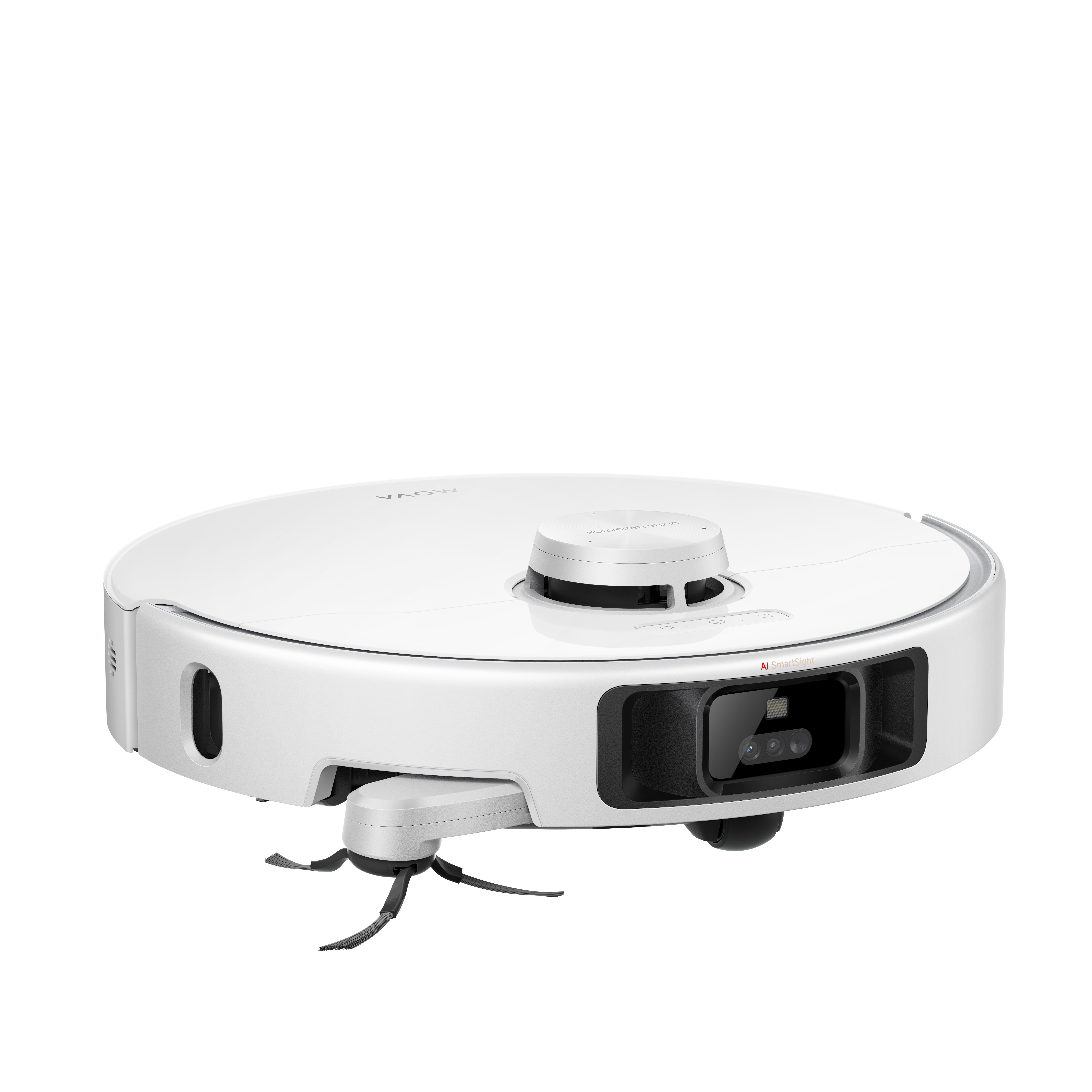 Ein weißer Saugroboter mit "AI SmartSight"-Sensor und rotierenden Bürsten.