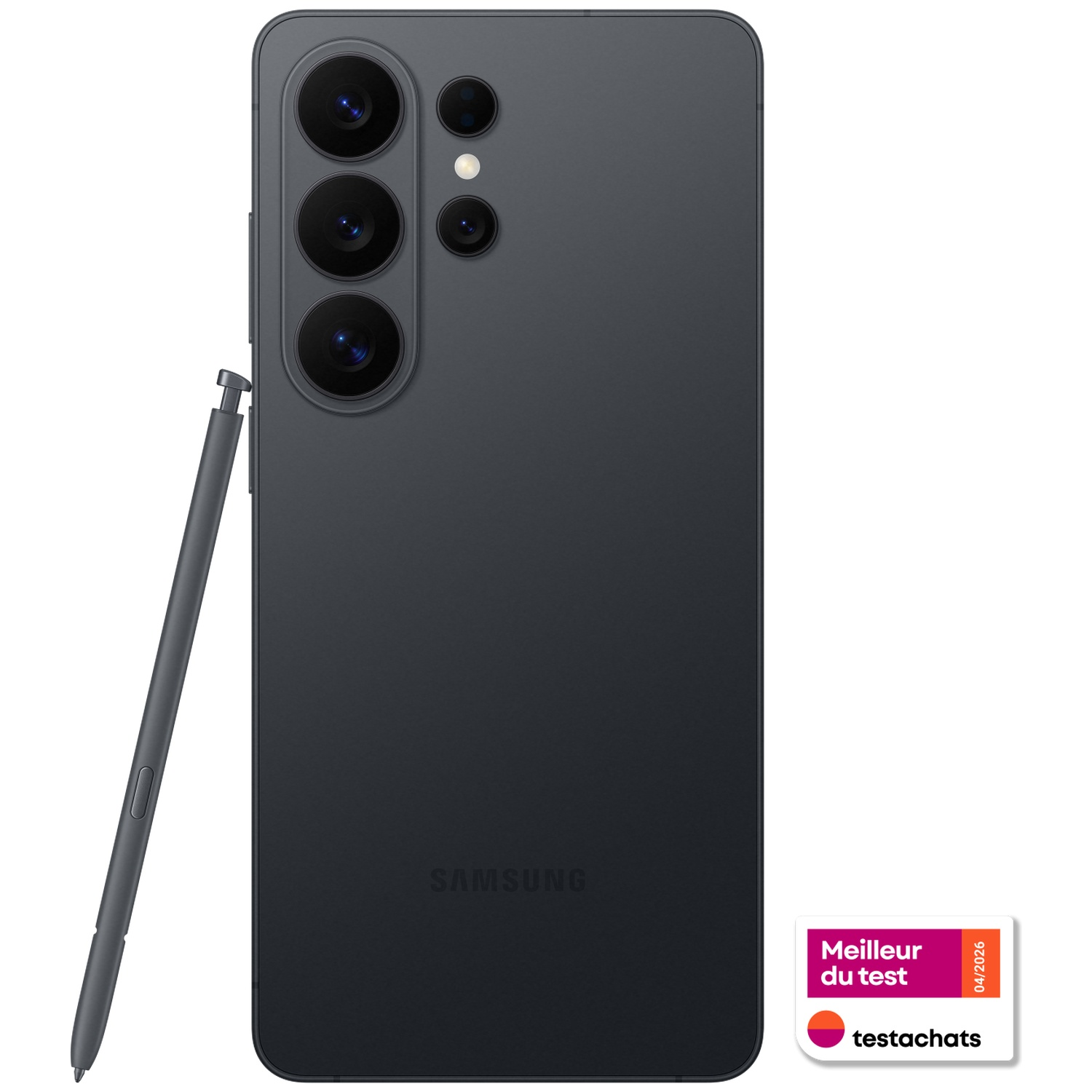 Smartphone Samsung gris foncé avec S Pen et quatre objectifs photo arrière.