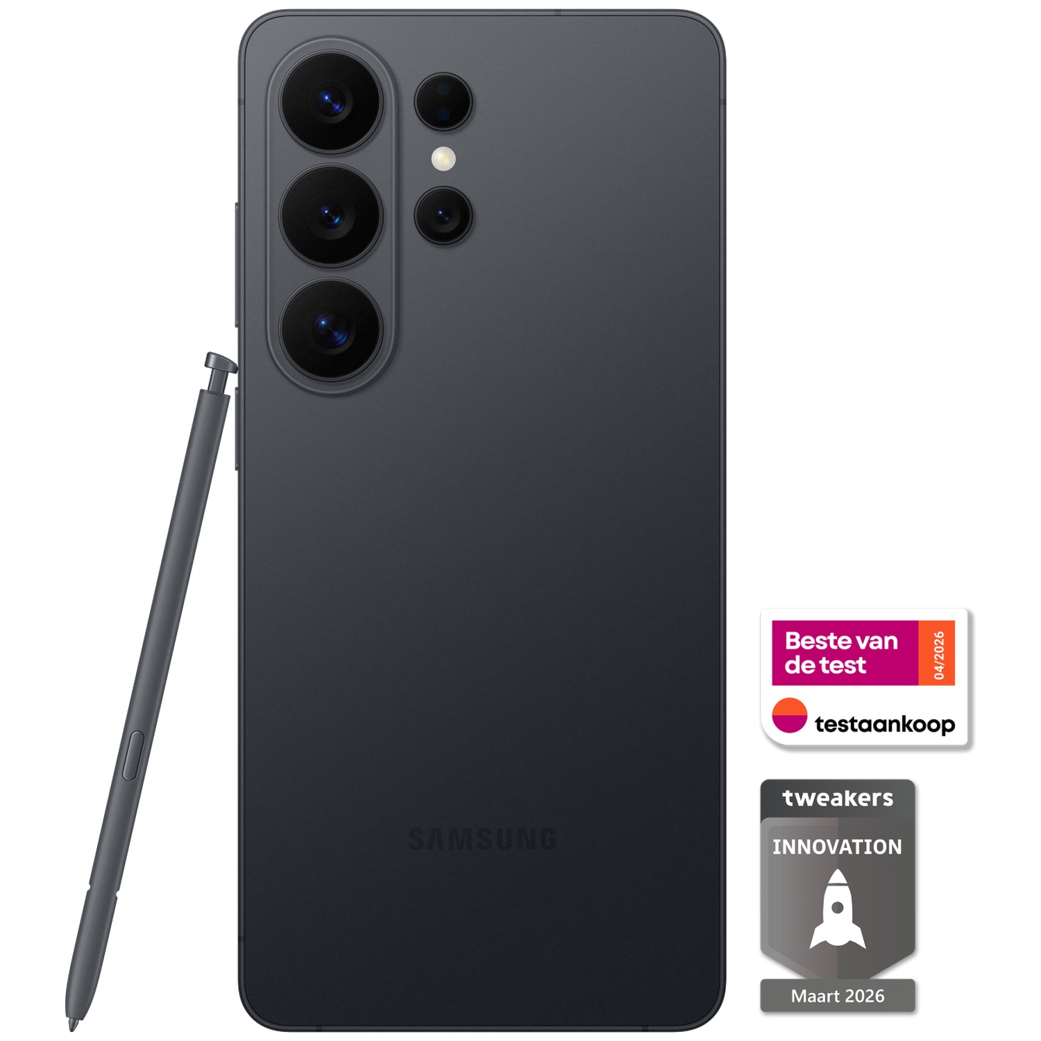 Dark gray Samsung phone with S-Pen, showing rear camera array and logos.