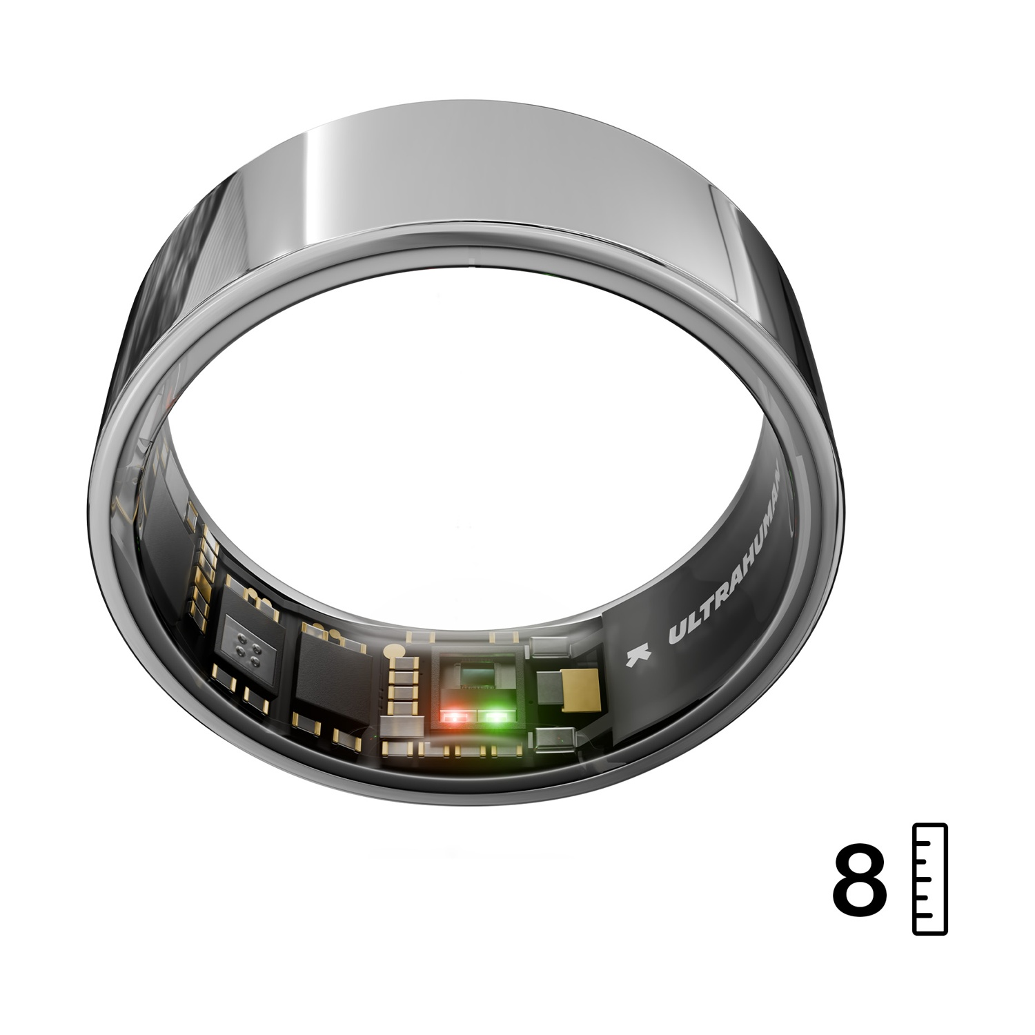 Un anello d'argento che mostra elettronica interna con luci verdi e rosse luminose accanto.