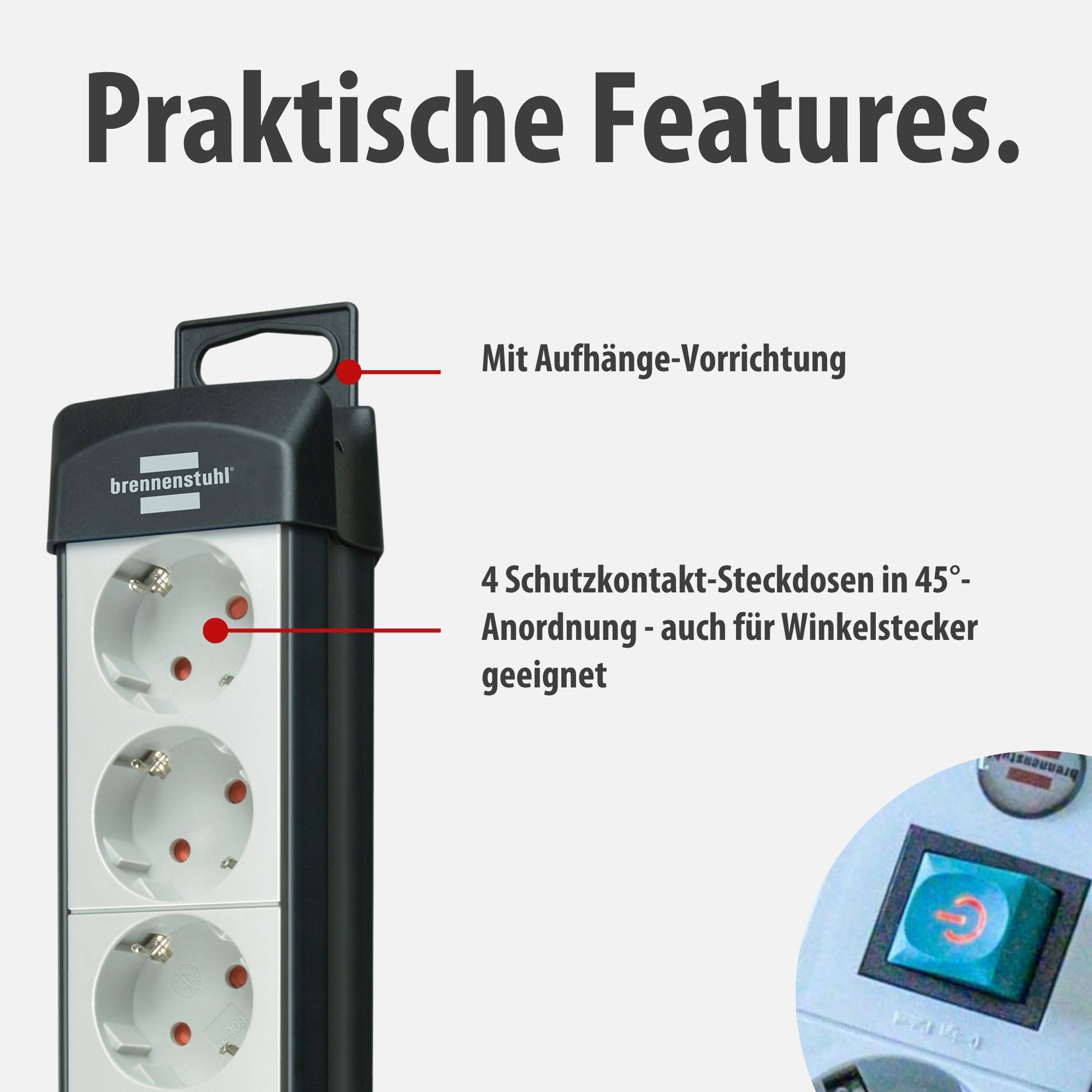 Schwarzer Mehrfachstecker mit vier Steckdosen und Aufhängevorrichtung.