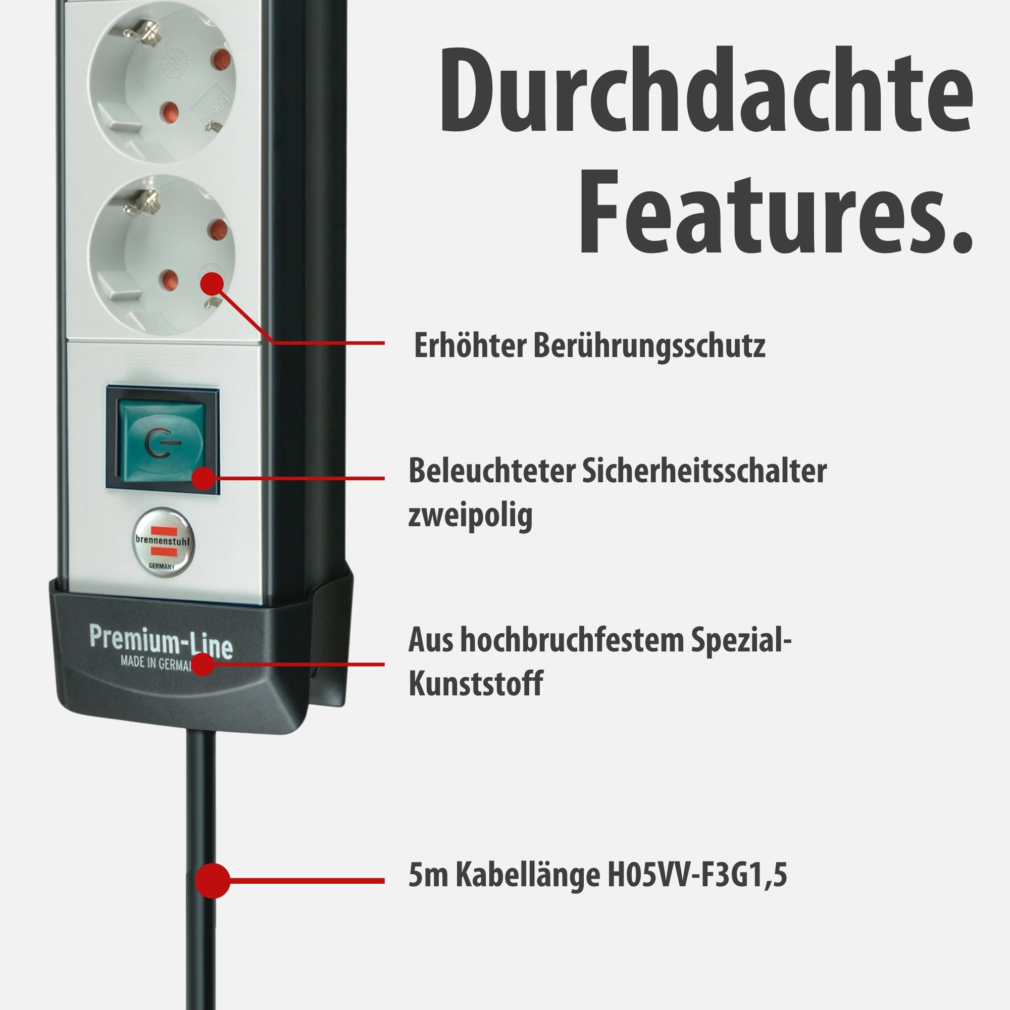 Ein Mehrfachsteckdose mit Schalter, Steckdosen und Kabel.
