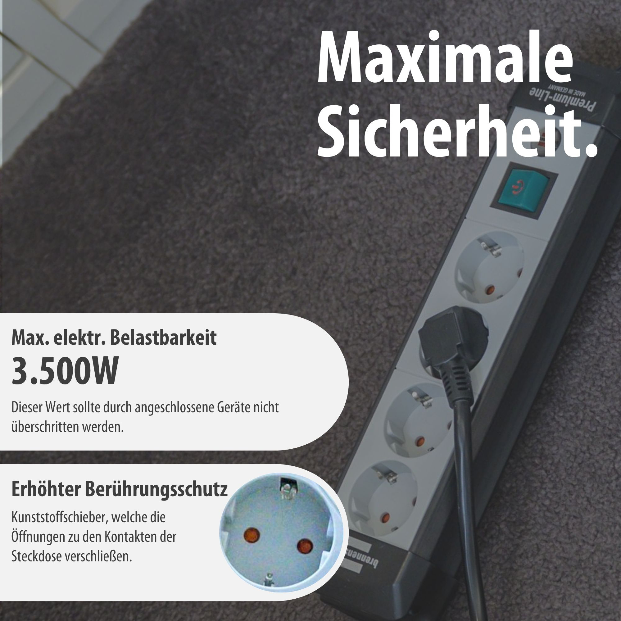 Eine Mehrfachsteckdose mit 3,500W Belastbarkeit und Kinderschutz.