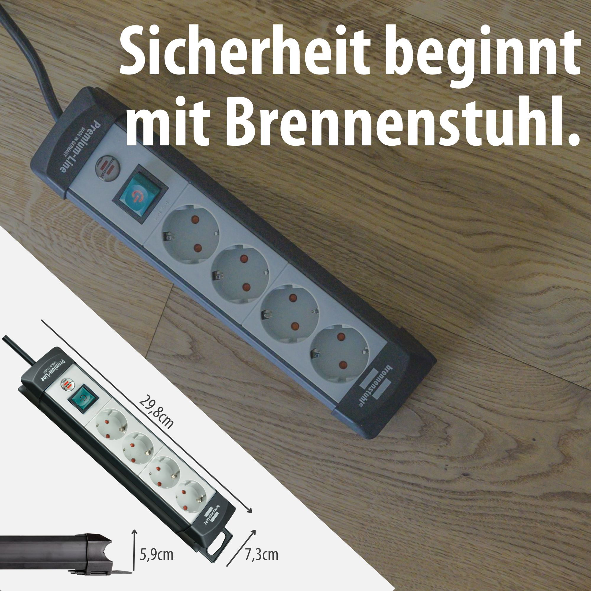 Eine Mehrfachsteckdose mit Schalter und Messungen auf Holzboden.