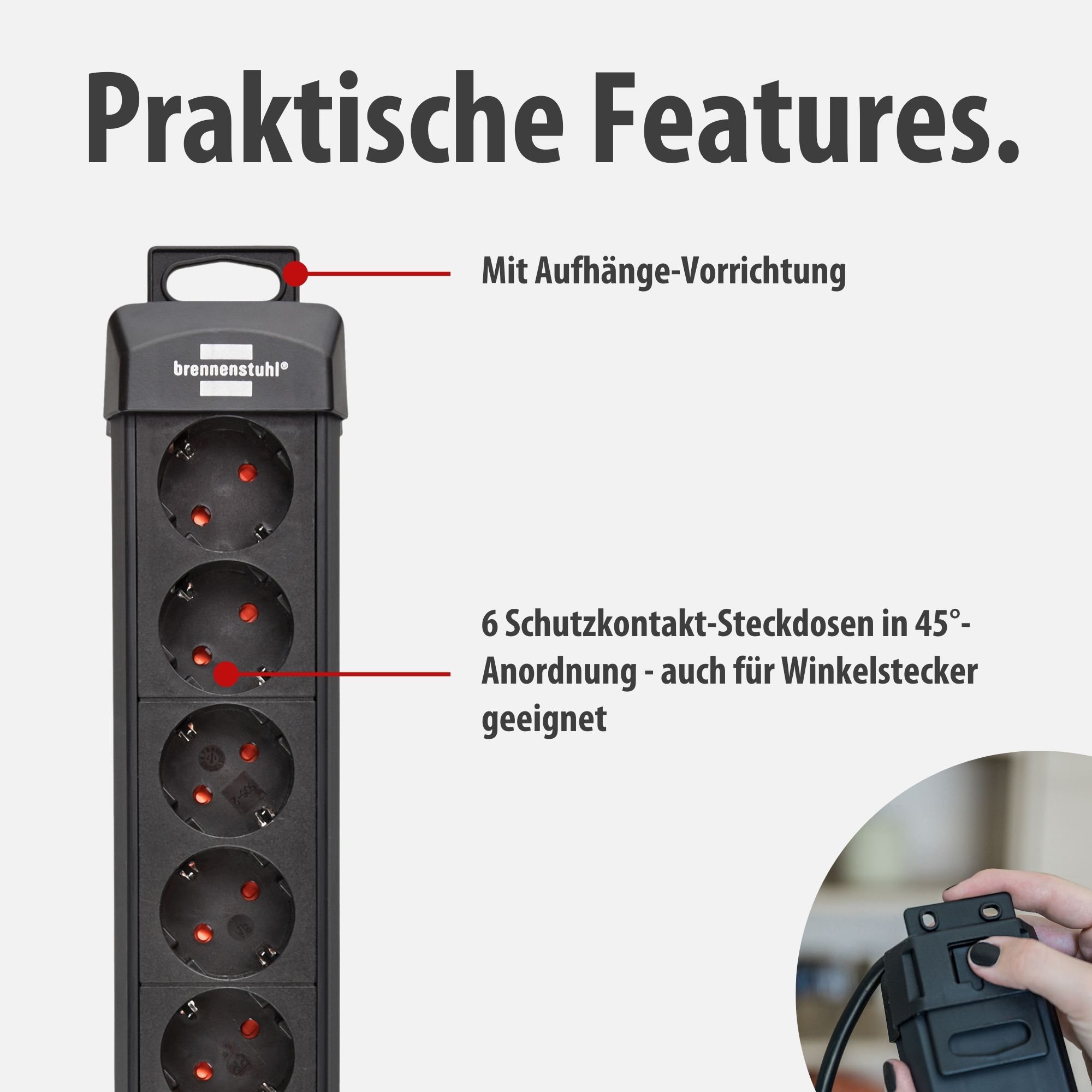 Schwarze Steckdosenleiste mit 6 Steckplätzen, Aufhängevorrichtung und Text.