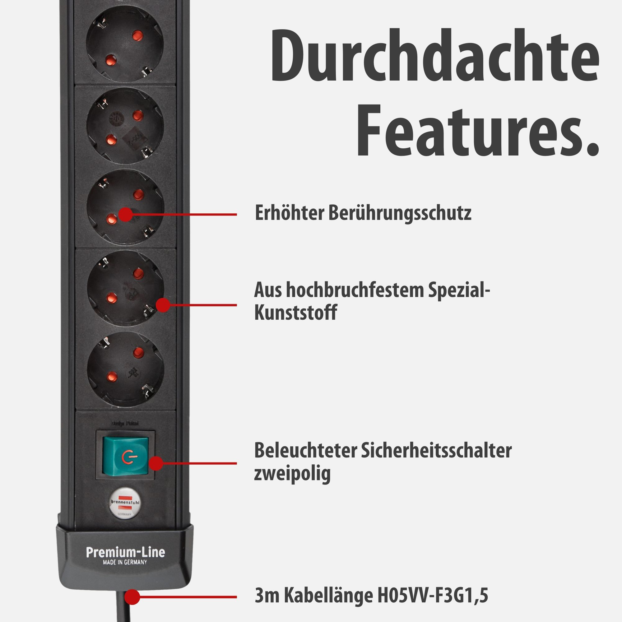 Schwarze Steckdosenleiste mit 4 Steckplätzen, Schalter und 3m Kabel.