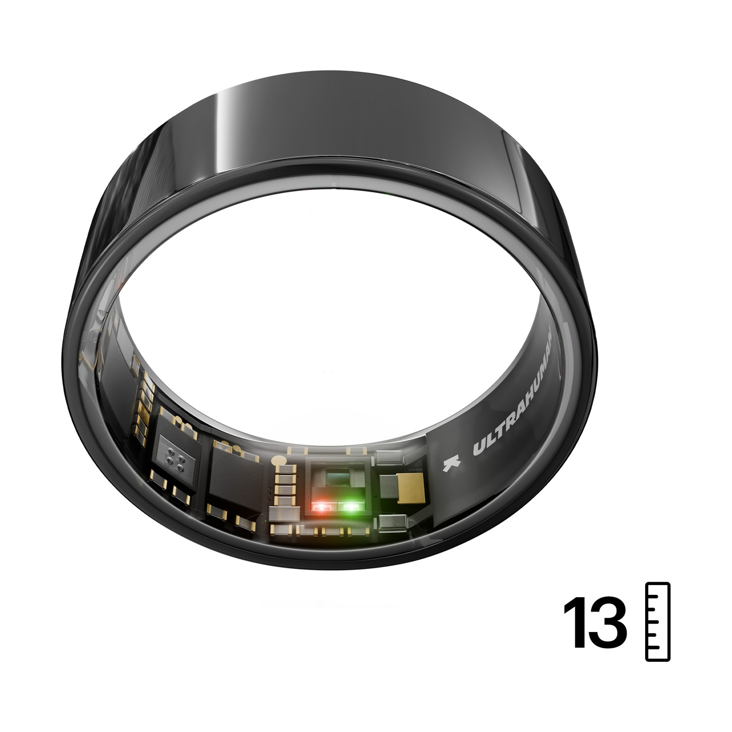 Anello nero con elettronica visibile e LED luminosi. Accanto, il numero 13 con una scala.