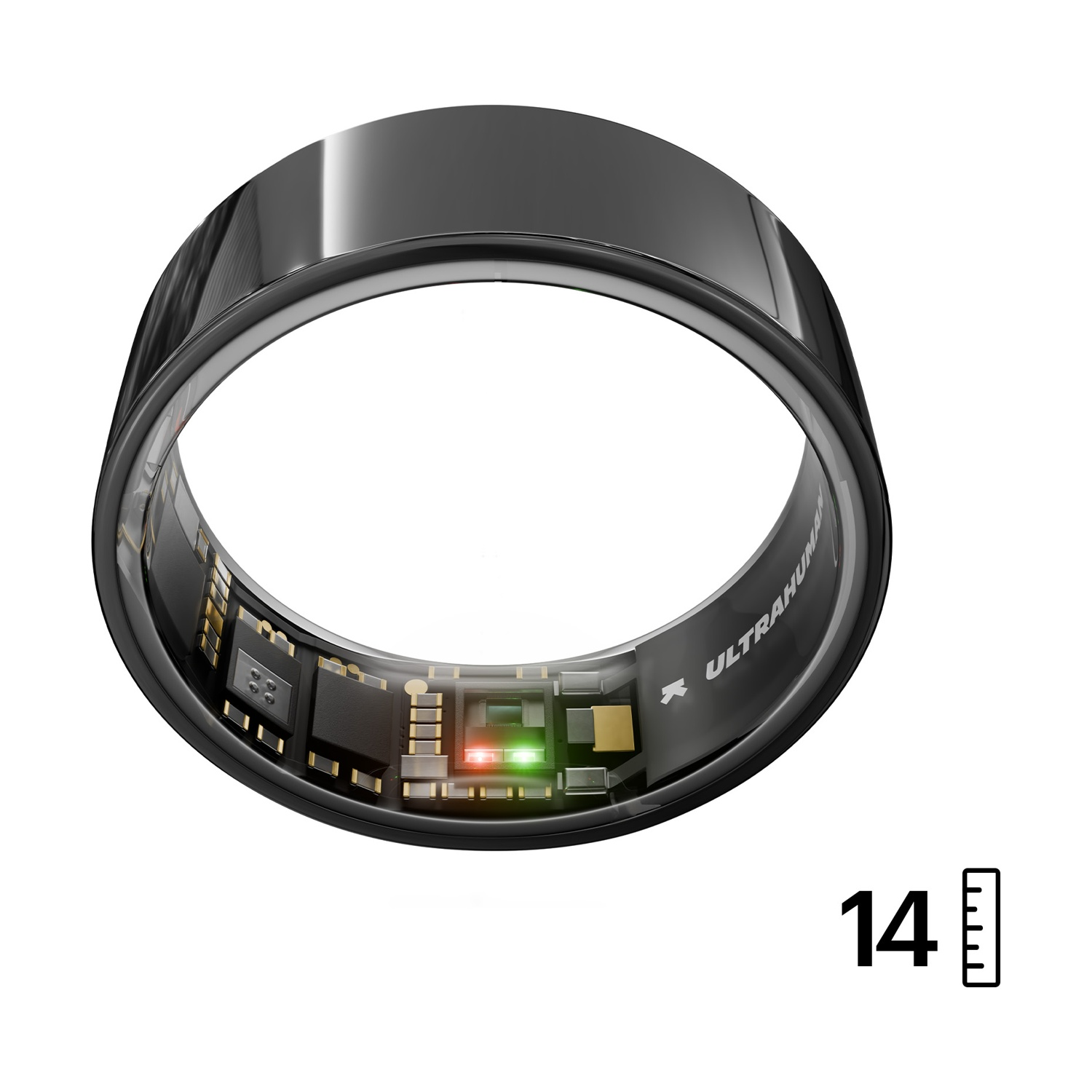 Anello nero con elettronica visibile. Accanto, il numero 14 con un grafico a barre.