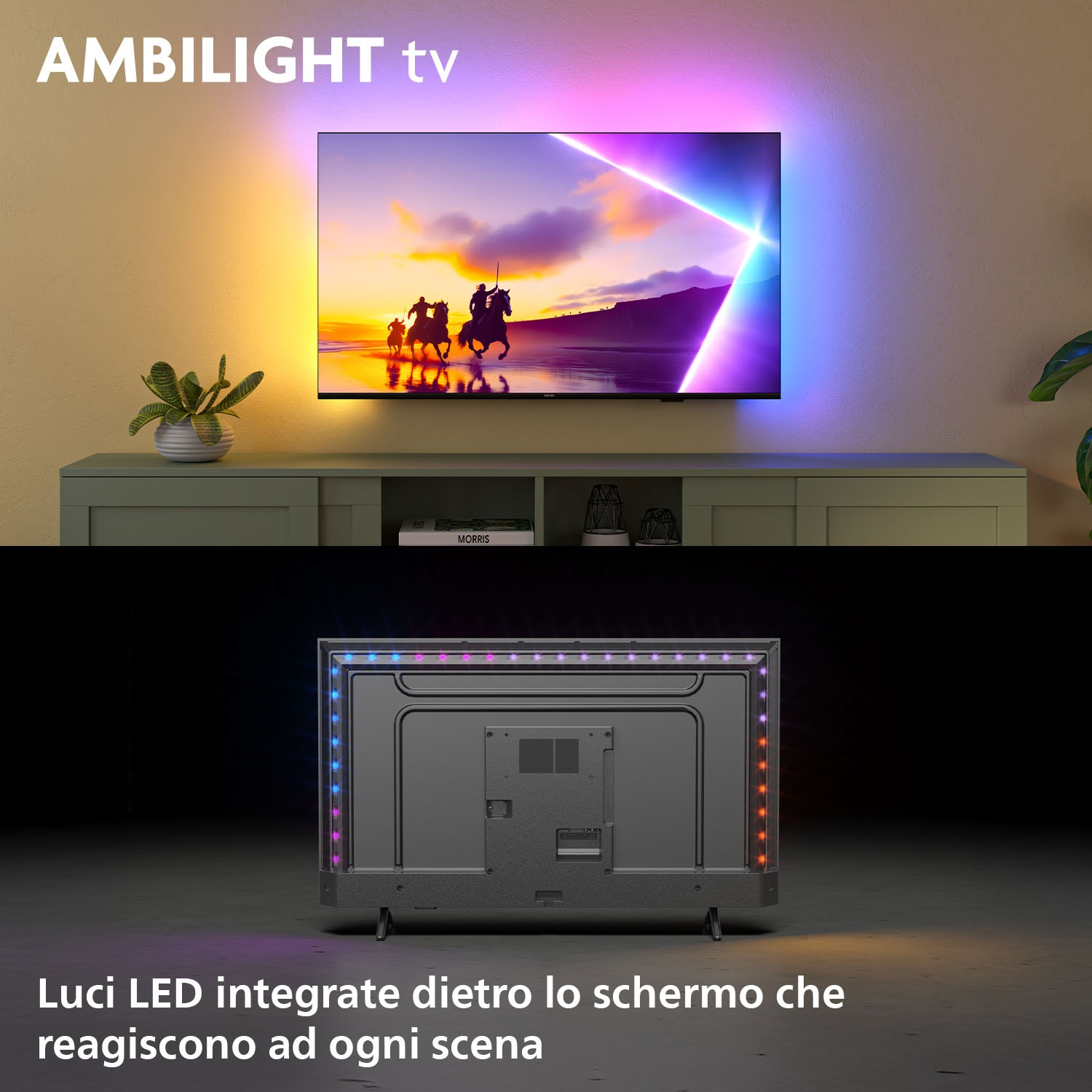 Una TV con illuminazione Ambilight, mostrata fronte e retro.