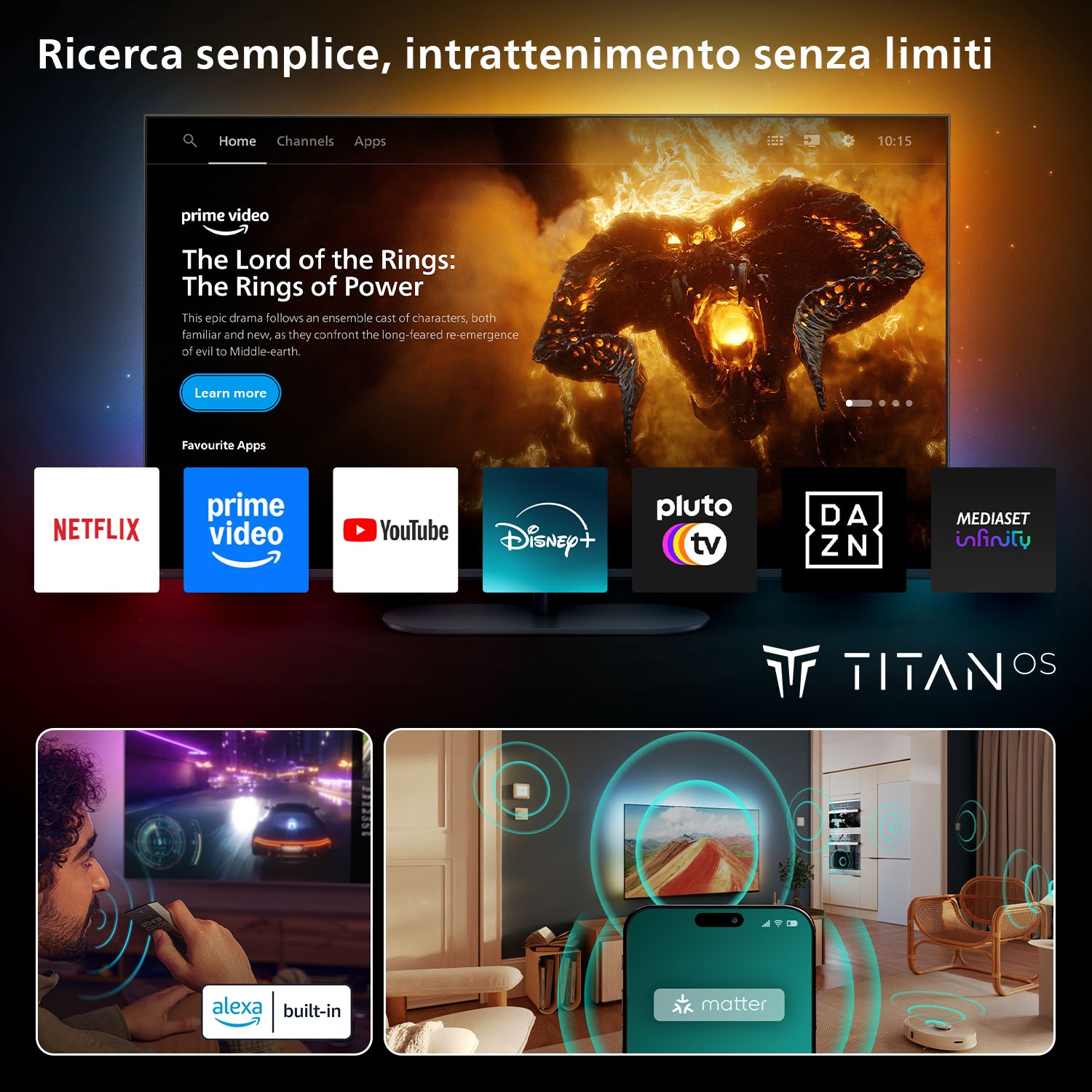Interfaccia Smart TV con app, locandina film e due scene.