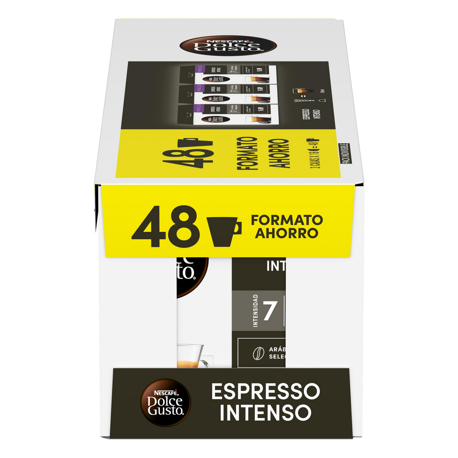 Caja Nescafé Dolce Gusto Espresso Intenso, 48 cápsulas, amarilla y marrón.