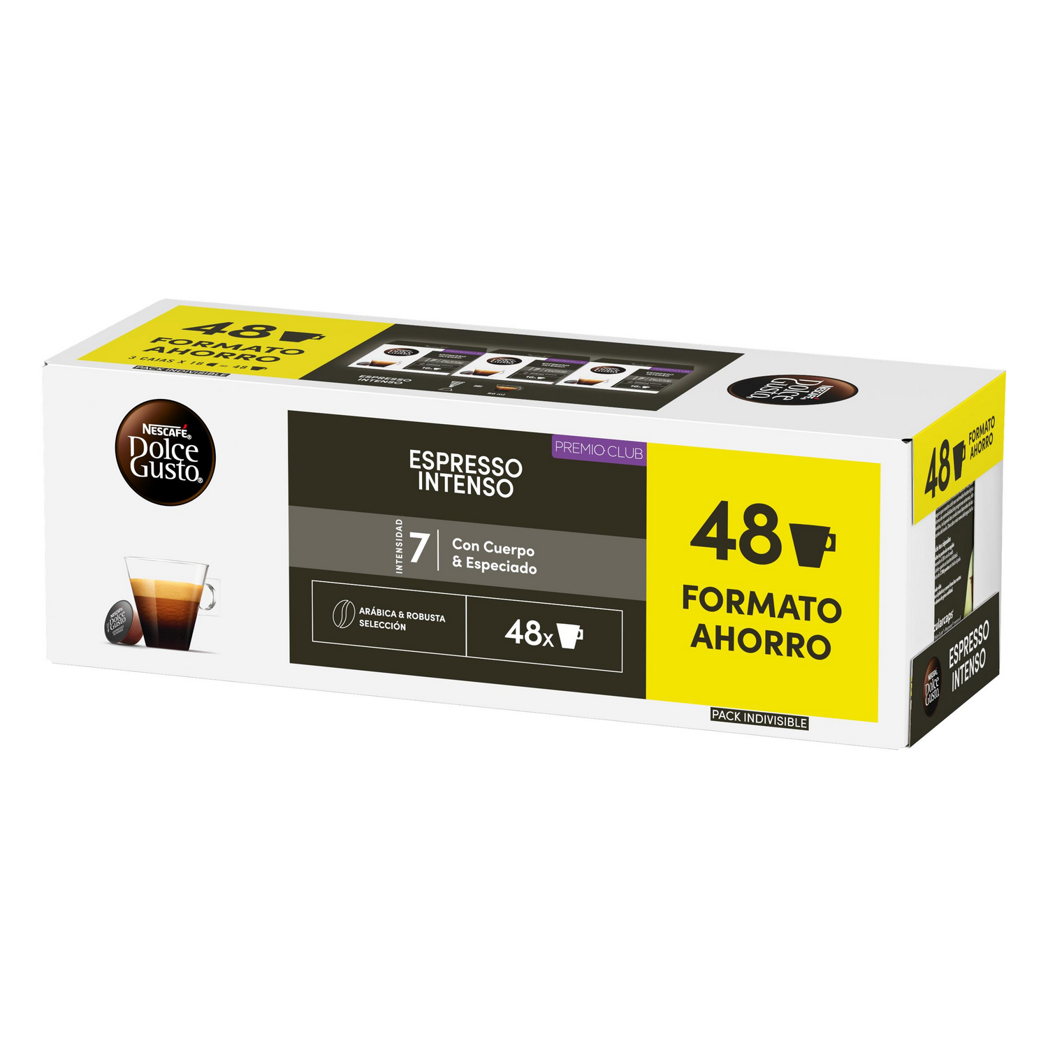 Caja Nescafé Dolce Gusto Espresso Intenso, 48 cápsulas, con taza de café.