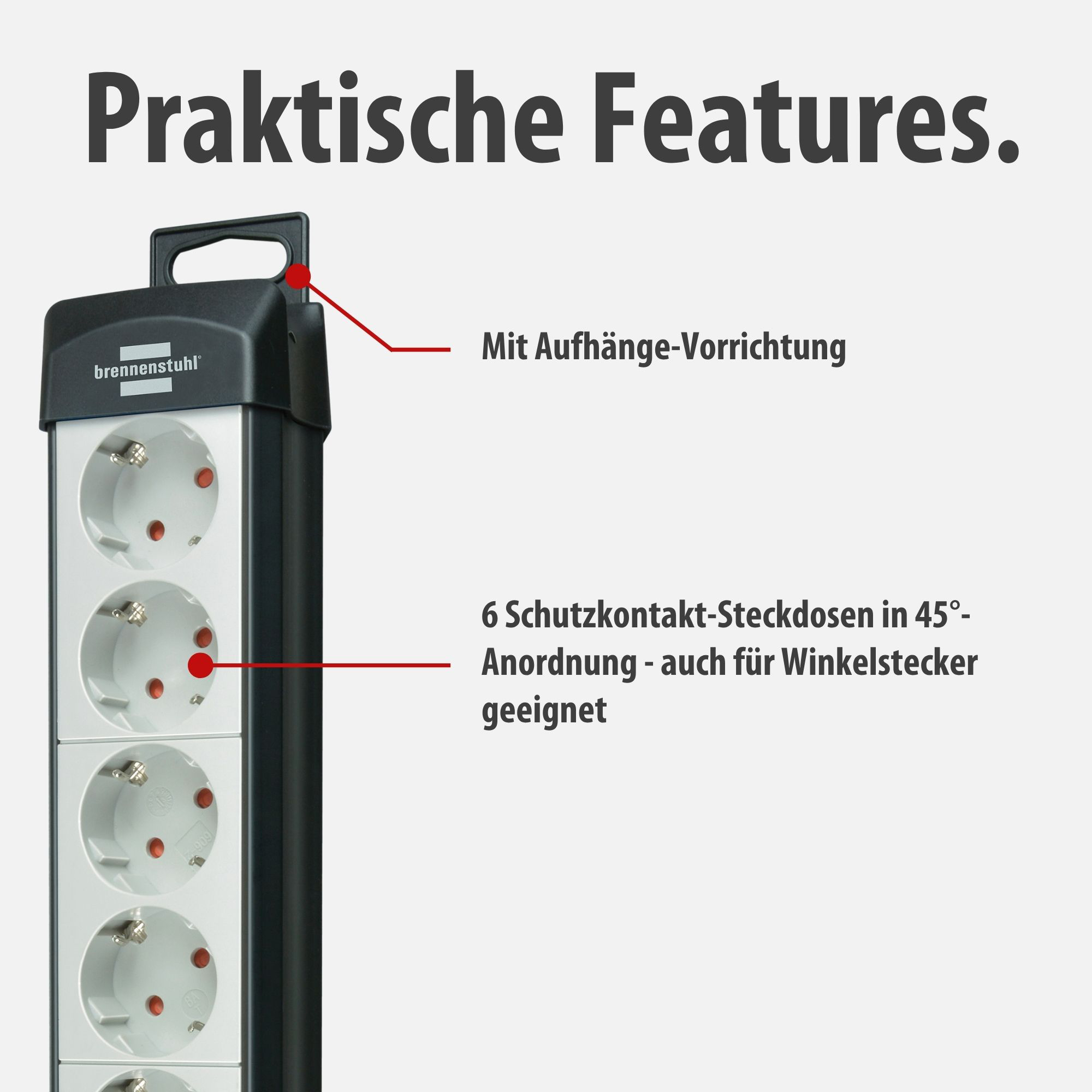 Schwarze Steckdosenleiste mit 6 Steckplätzen in 45-Grad-Anordnung, mit Aufhängung.
